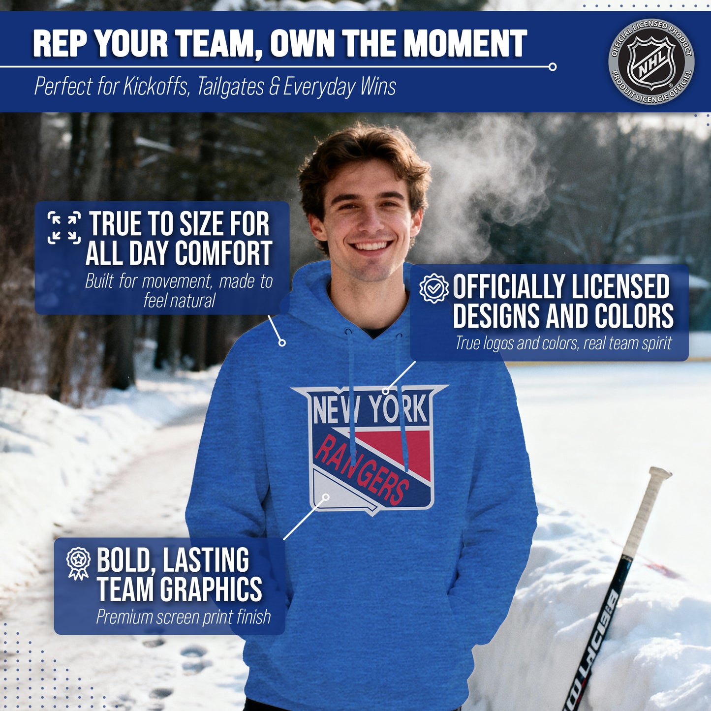 New York Rangers Adult NHL Retro Logo Hockey Fleece Hooded Sweatshirt - Royal Heather