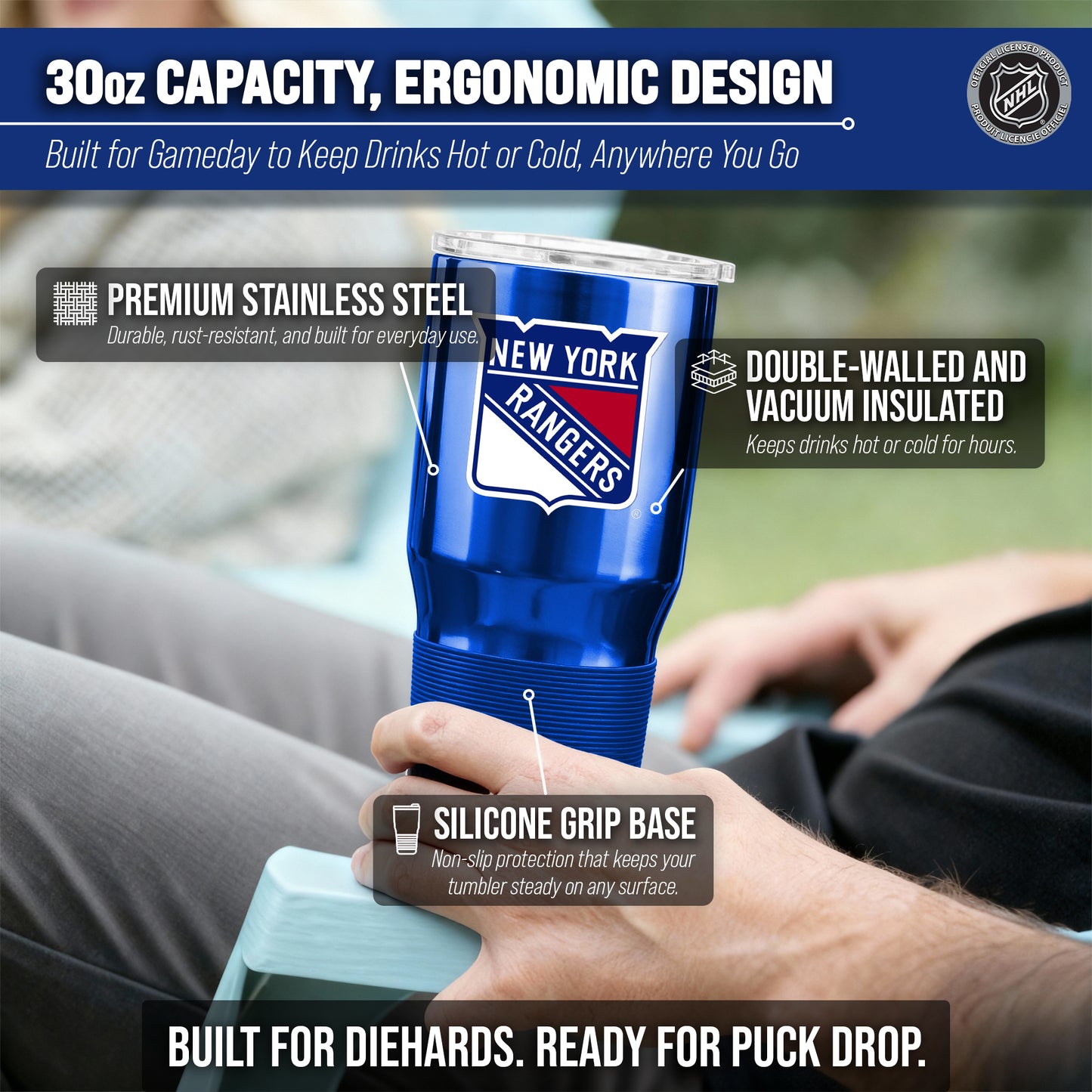 New York Rangers NHL Hockey 30oz Stainless Steel Vacuum Insulated Game Day Tumbler with Silicone Grip - Royal