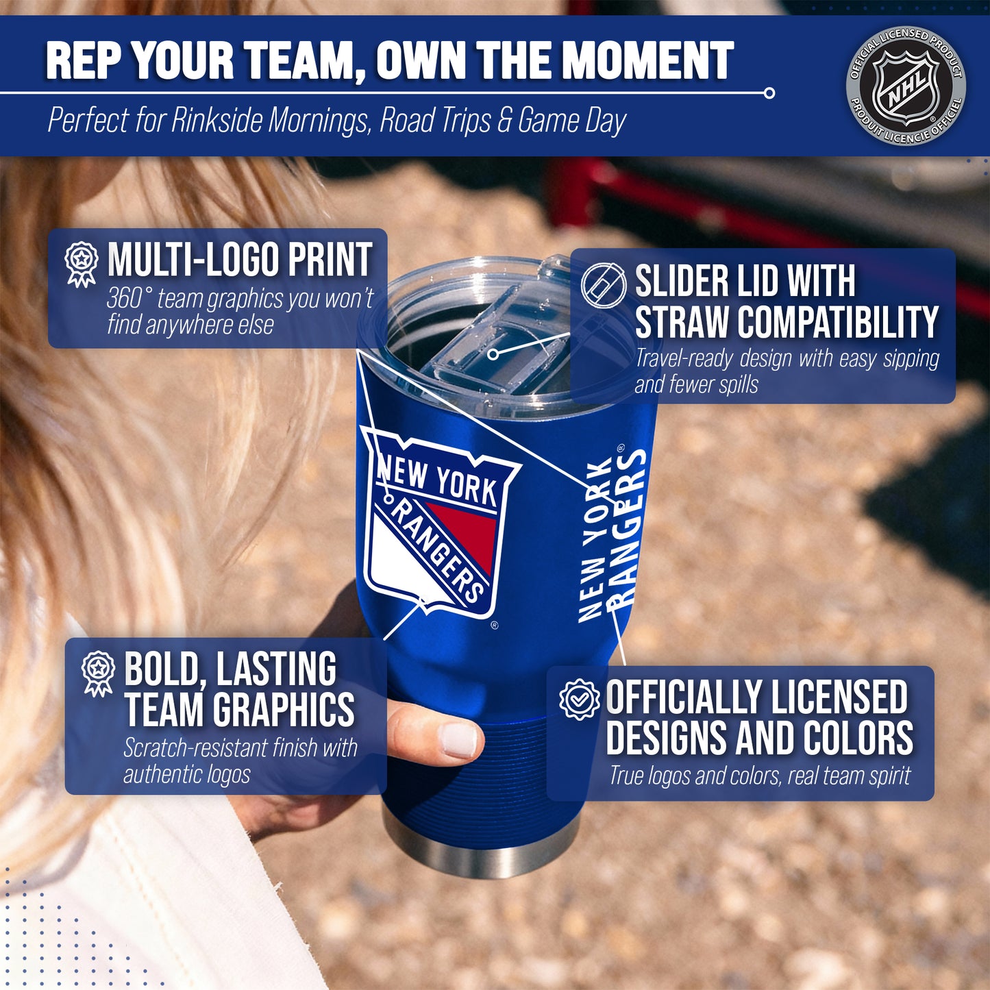 New York Rangers NHL Hockey 30oz Stainless Steel Vacuum Insulated Game Day Tumbler with Silicone Grip - Royal