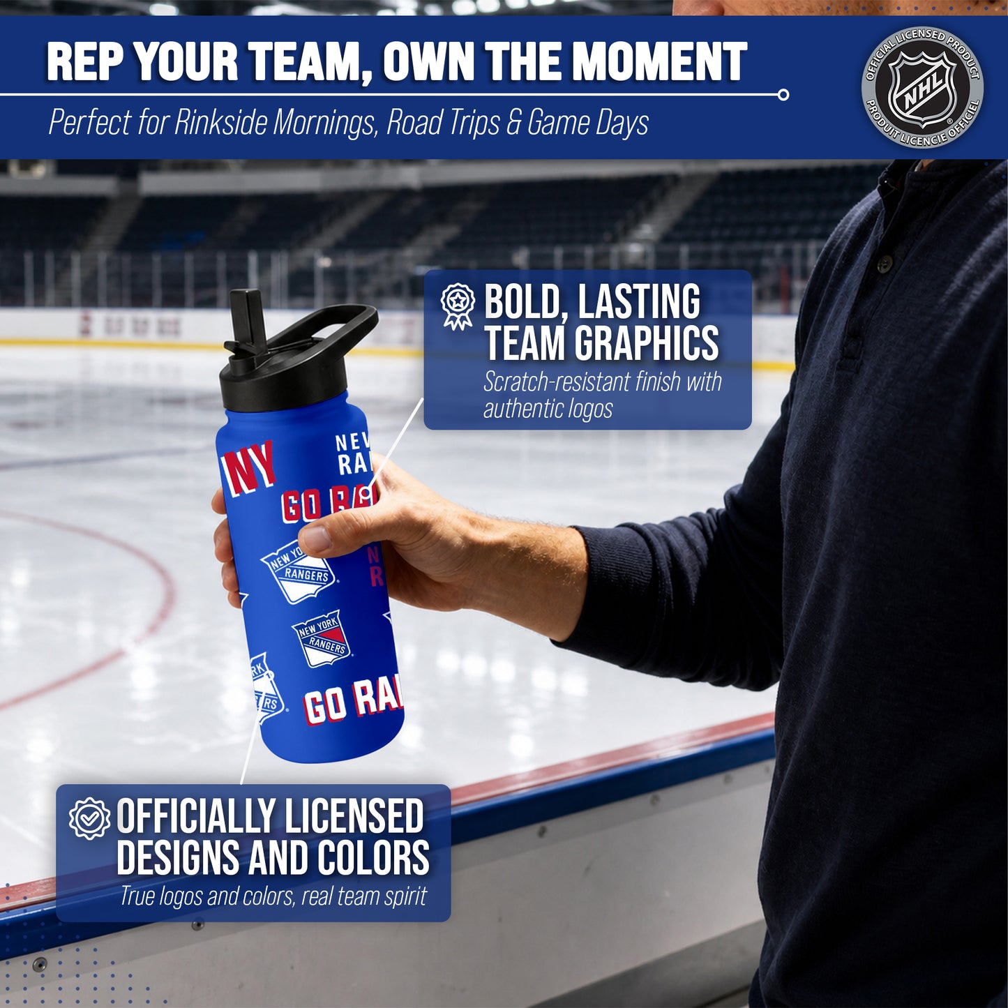 New York Rangers NHL Hockey 34oz Stainless Steel Vacuum Insulated Game Day Water Bottle with Flip Straw Lid and Handle - Royal