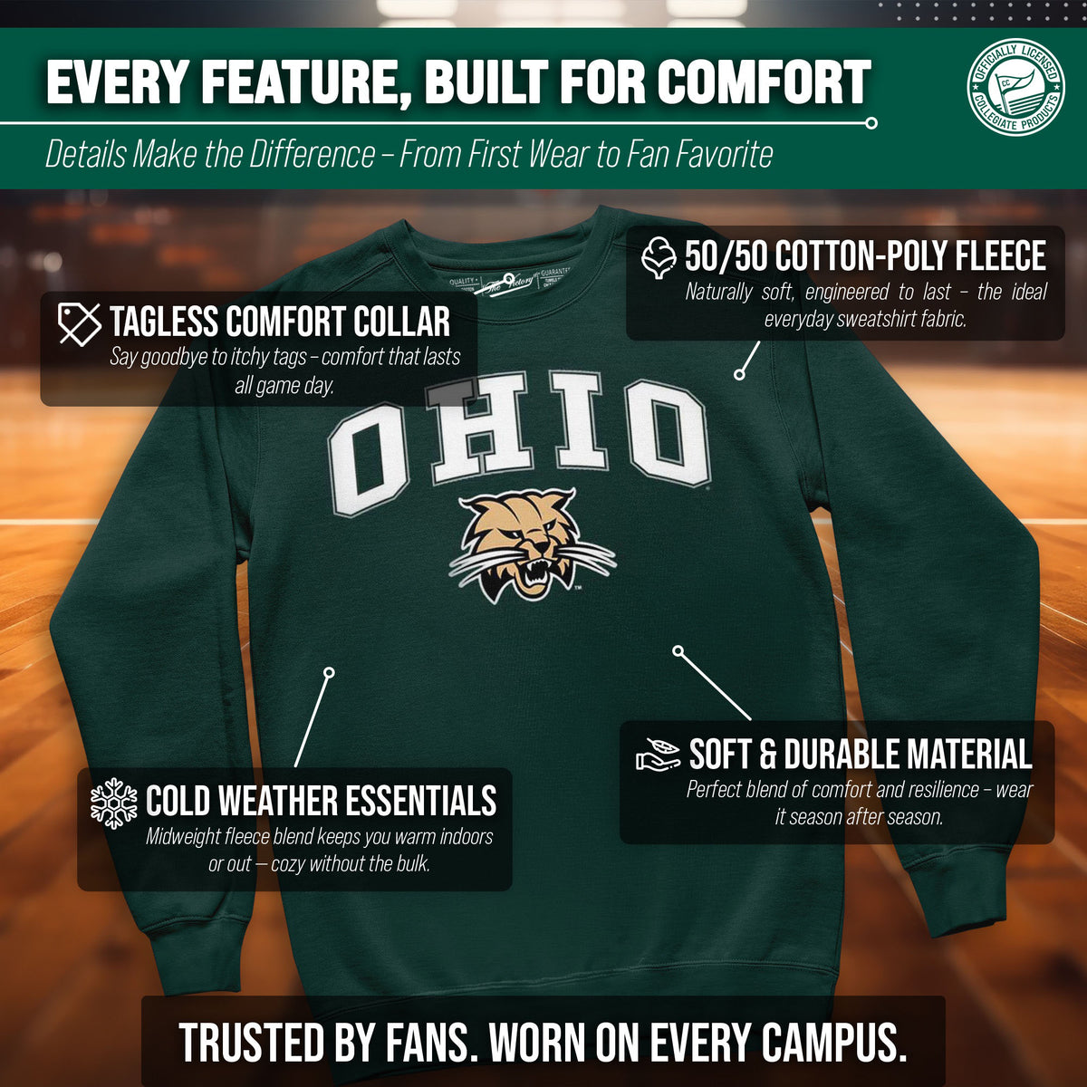 Ohio Bobcats Adult Arch & Logo Soft Style Gameday Crewneck Sweatshirt - Green