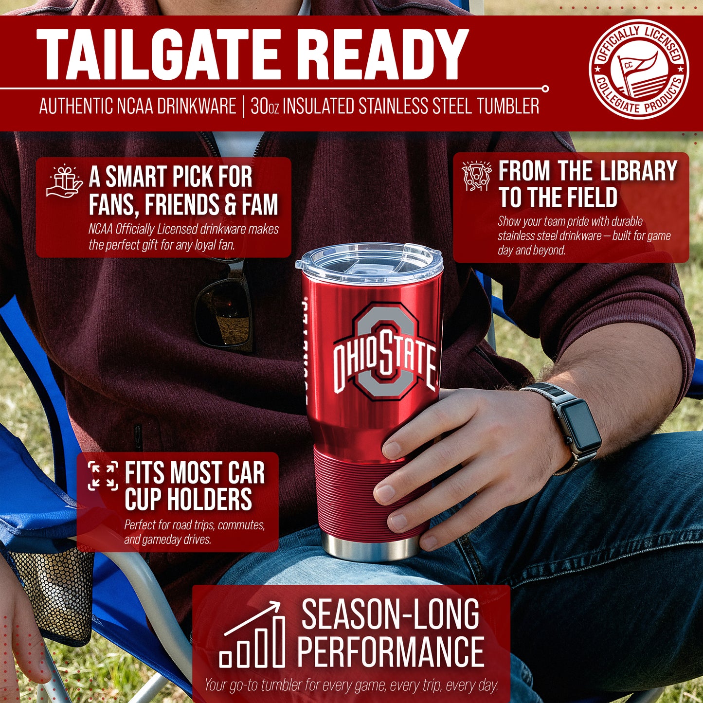 Ohio State Buckeyes NCAA University 30oz Stainless Steel Vacuum Insulated Game Day Tumbler with Silicone Grip - Red