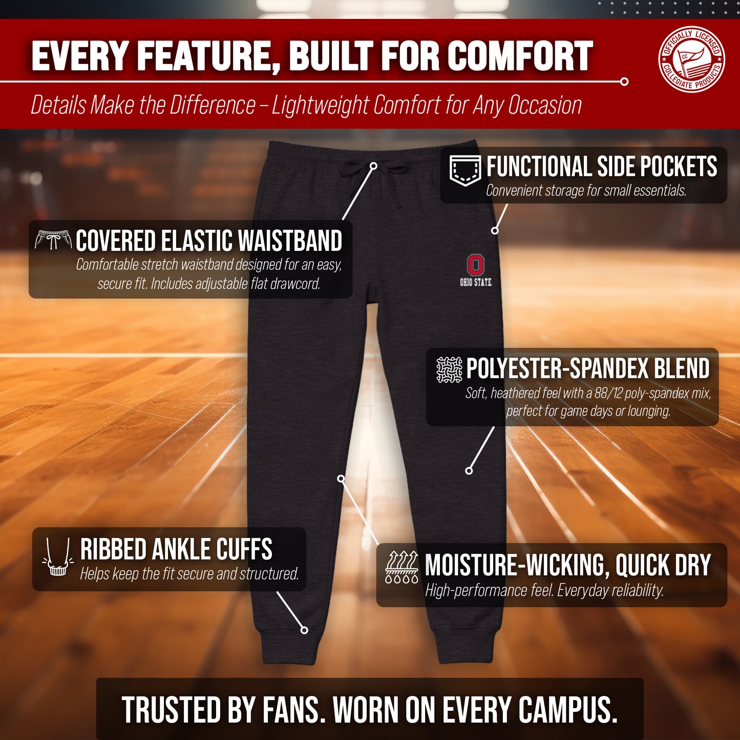 Ohio State Buckeyes NCAA Men’s University Cloud Jersey Performance Jogger Pants with Drawstring Waistband - Black Heather