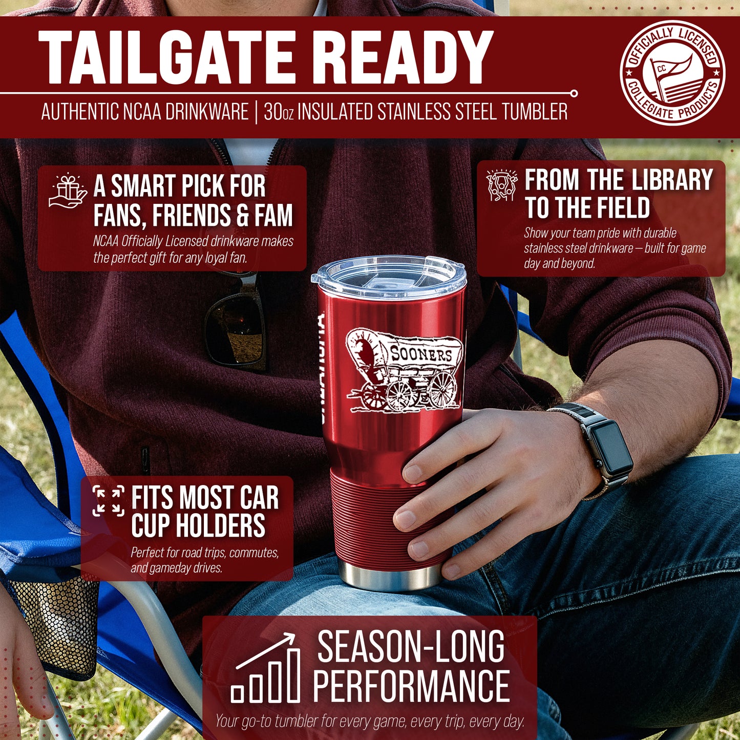 Oklahoma Sooners NCAA University 30oz Stainless Steel Vacuum Insulated Game Day Tumbler with Silicone Grip - Cardinal