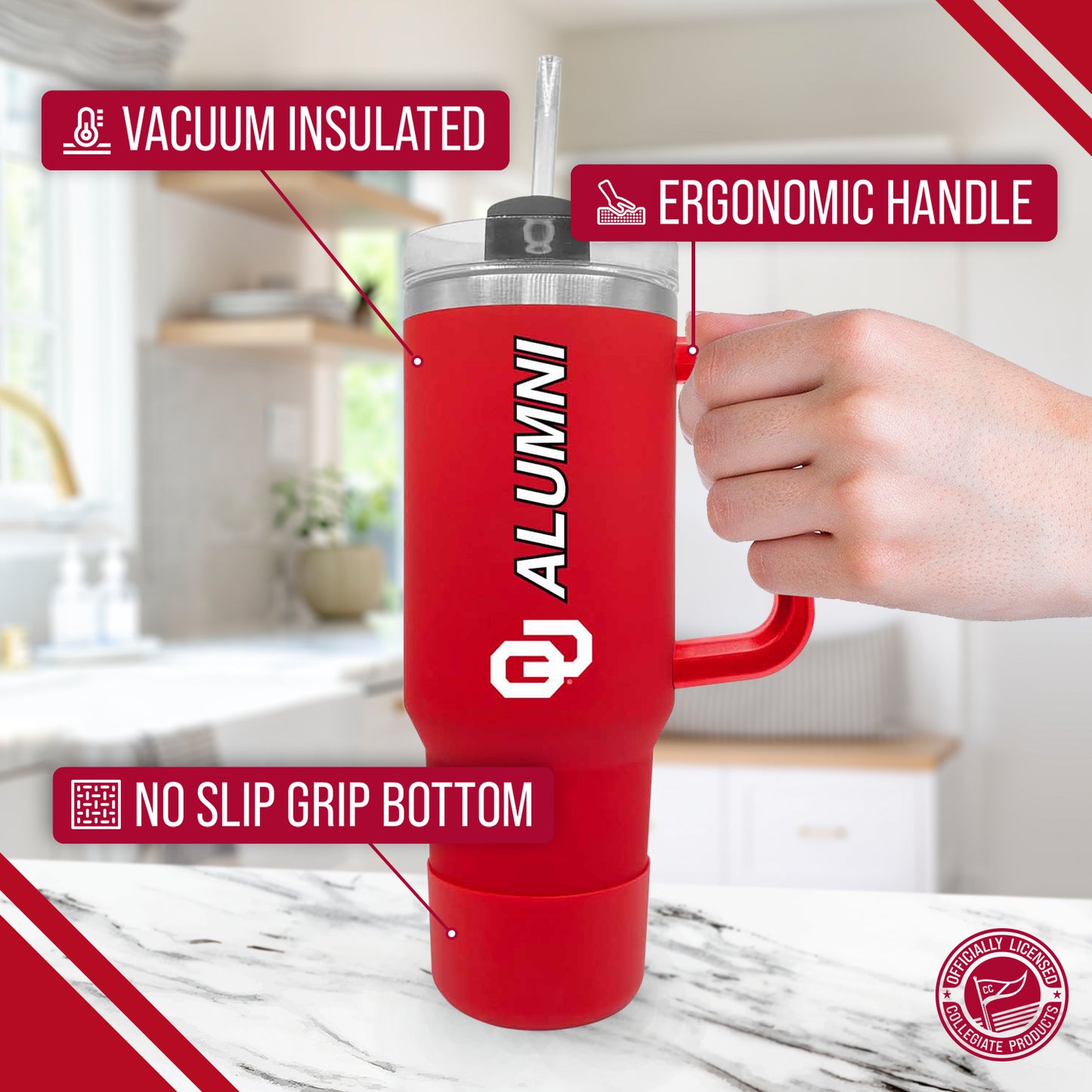 Oklahoma Sooners Collegiate 40oz Stainless Steel Travel Tumbler with Handle for Alumni - Crimson