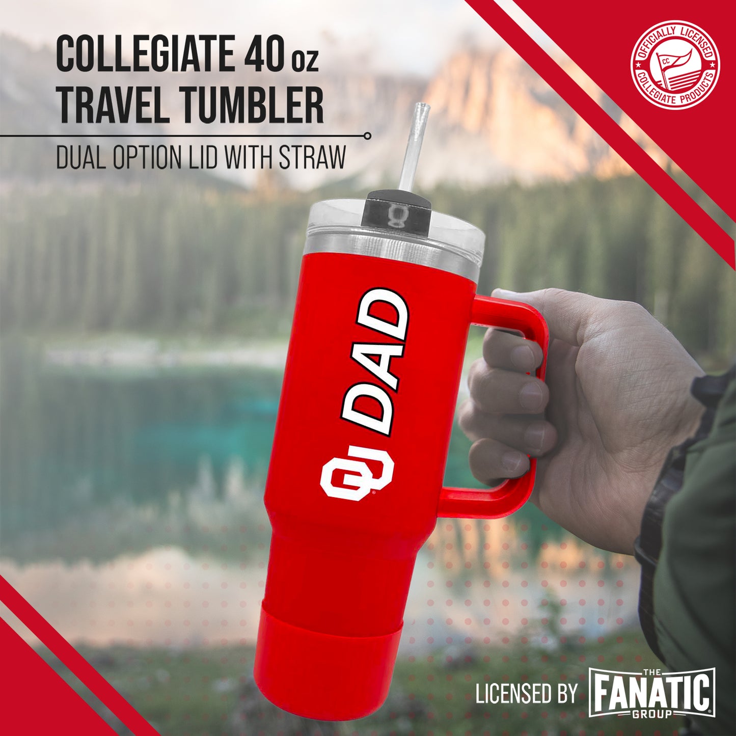Oklahoma Sooners Collegiate 40oz Stainless Steel Travel Tumbler with Handle for Dad - Crimson