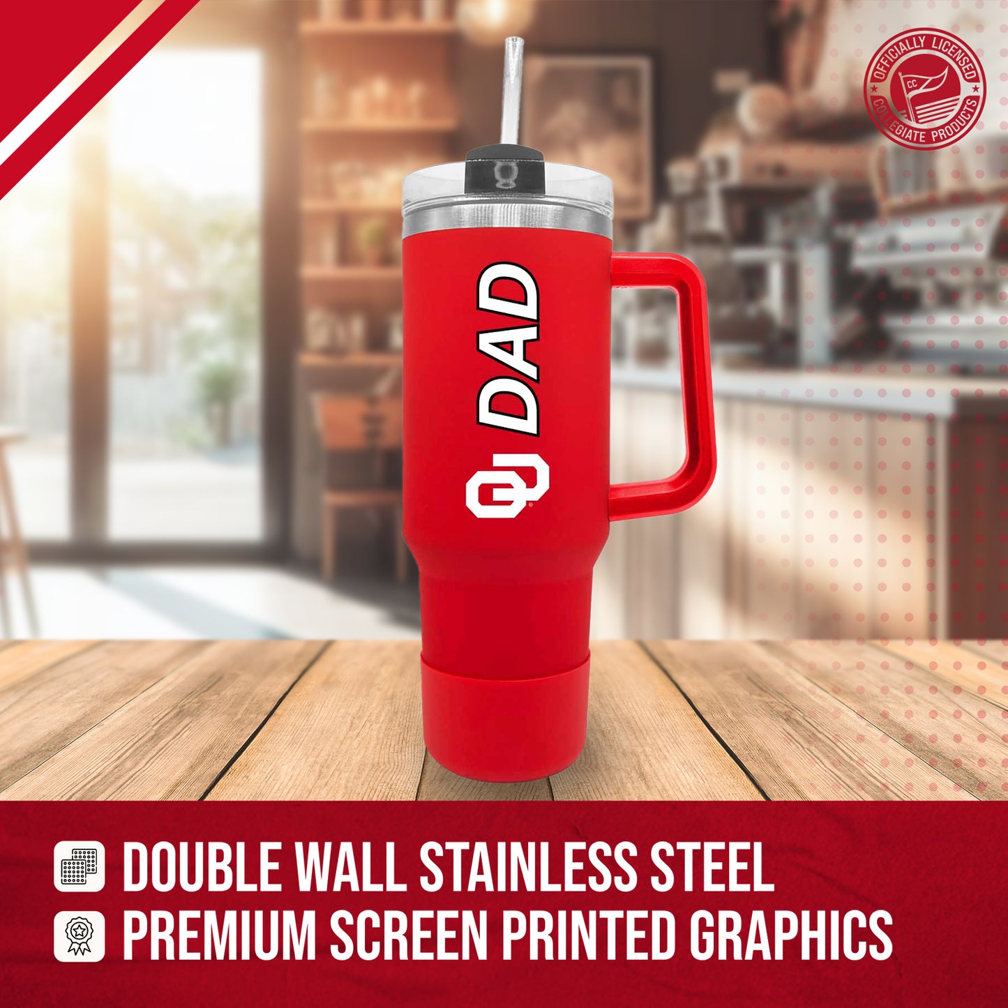 Oklahoma Sooners Collegiate 40oz Stainless Steel Travel Tumbler with Handle for Dad - Crimson