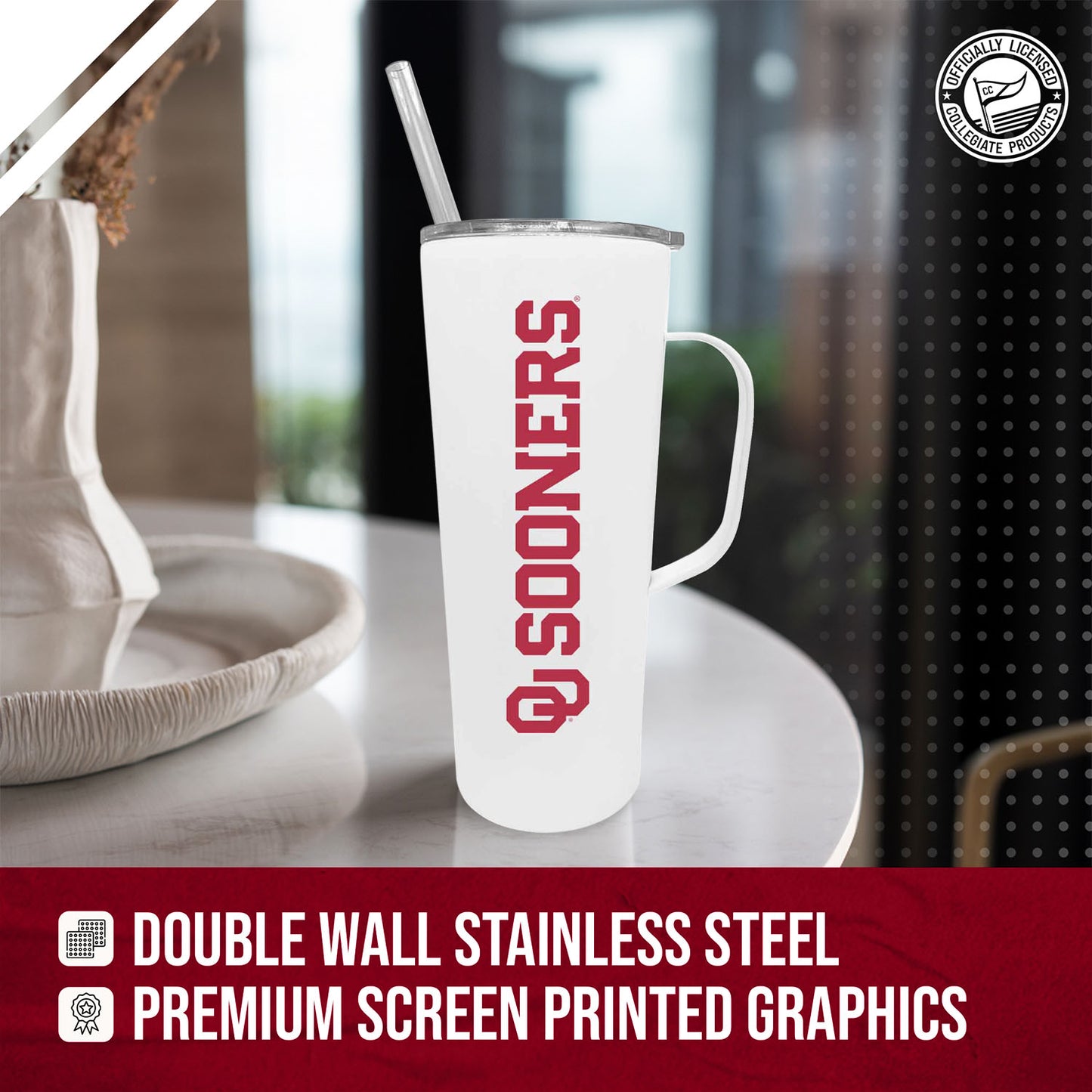 Oklahoma Sooners NCAA Stainless Steel 20oz Roadie With Handle & Dual Option Lid With Straw - White