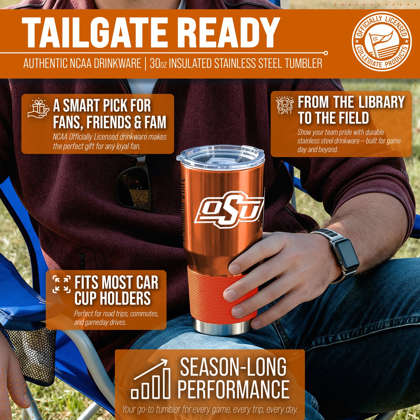 Oklahoma State Cowboys NCAA University 30oz Stainless Steel Vacuum Insulated Game Day Tumbler with Silicone Grip - Orange