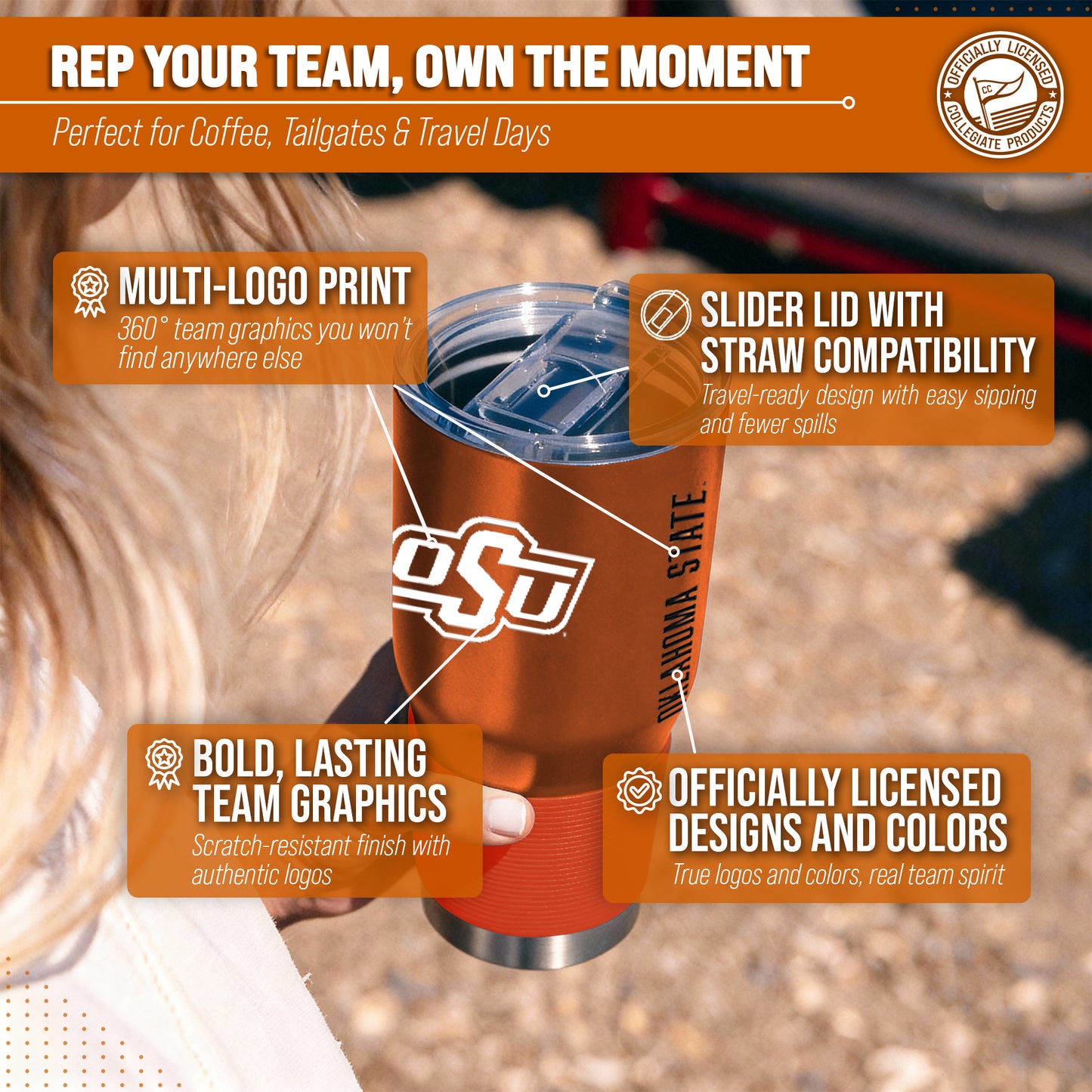 Oklahoma State Cowboys NCAA University 30oz Stainless Steel Vacuum Insulated Game Day Tumbler with Silicone Grip - Orange
