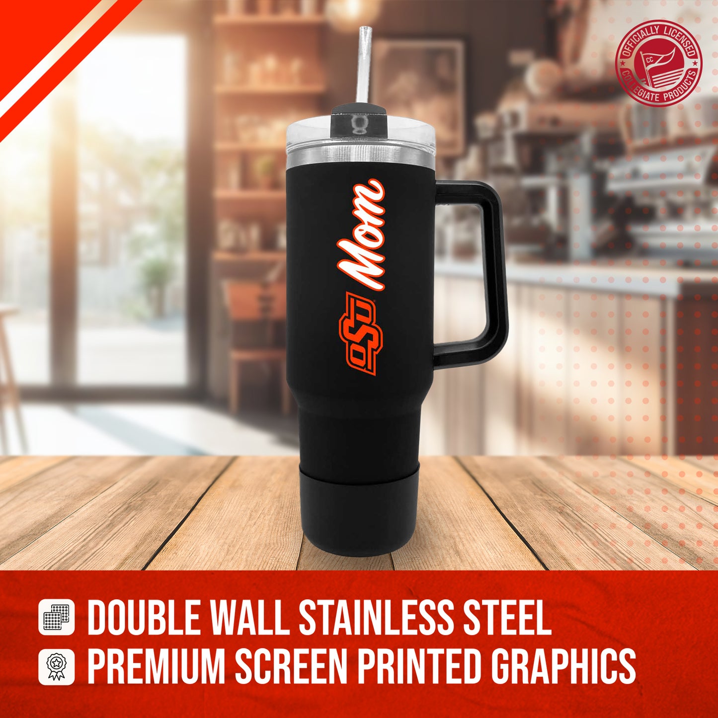 Oklahoma State Cowboys Collegiate 40oz Stainless Steel Travel Tumbler with Handle for Mom - Black