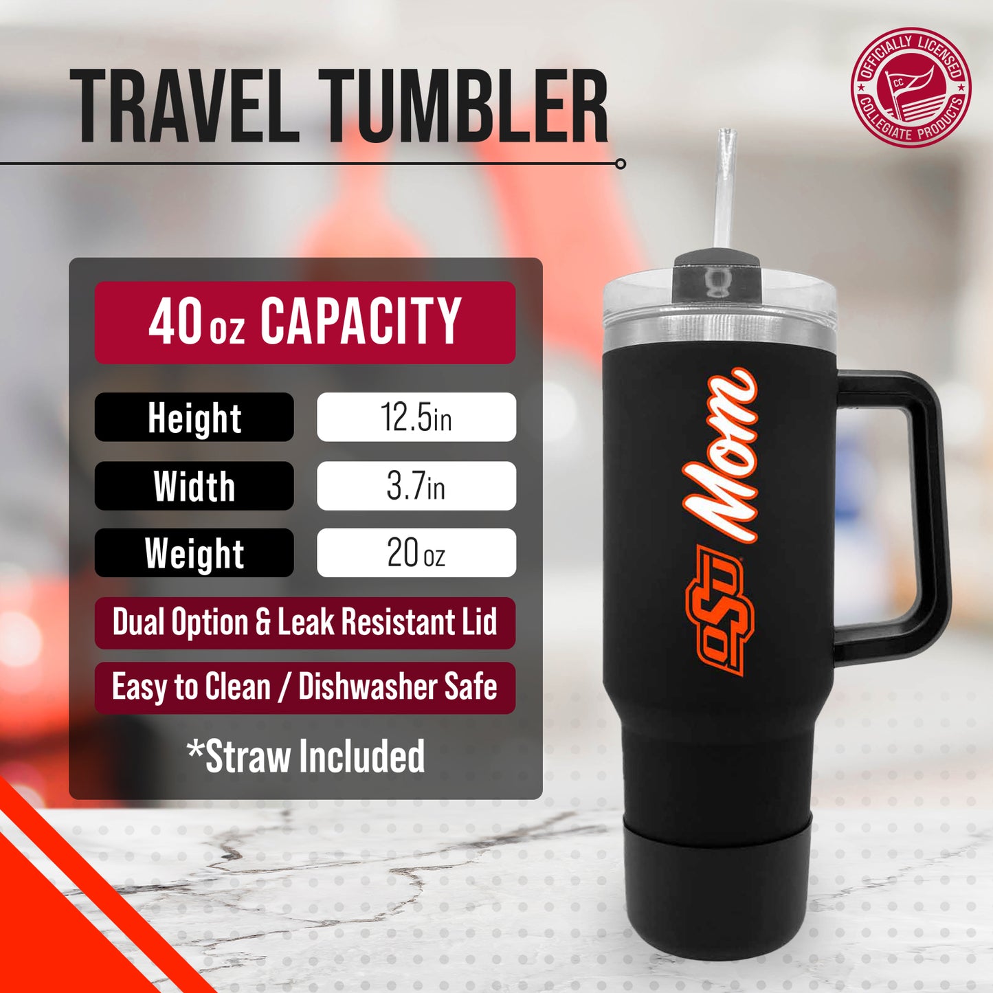 Oklahoma State Cowboys Collegiate 40oz Stainless Steel Travel Tumbler with Handle for Mom - Black