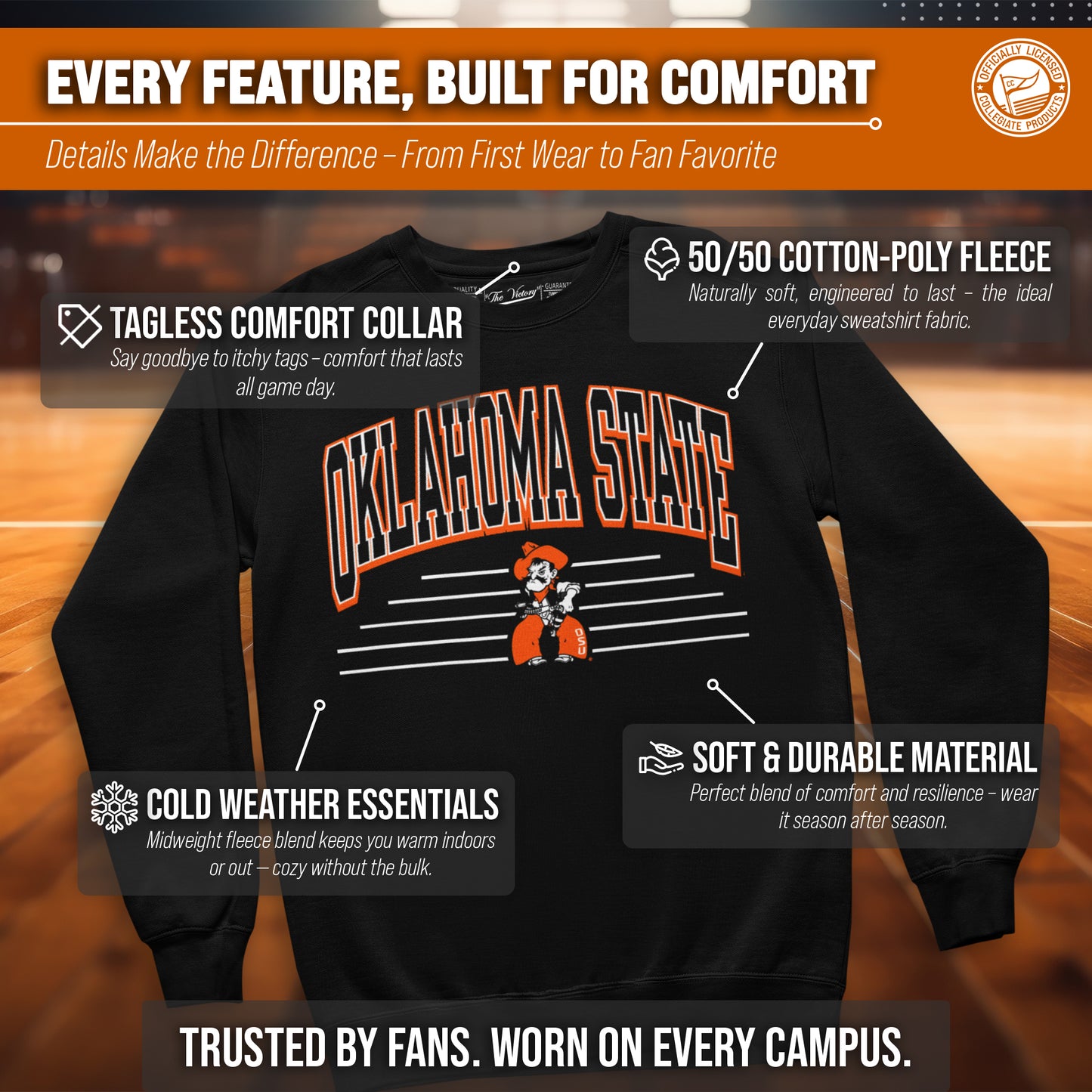 Oklahoma State Cowboys NCAA Adult Unisex Overtime Classics Crewneck Fleece Sweatshirt - Black