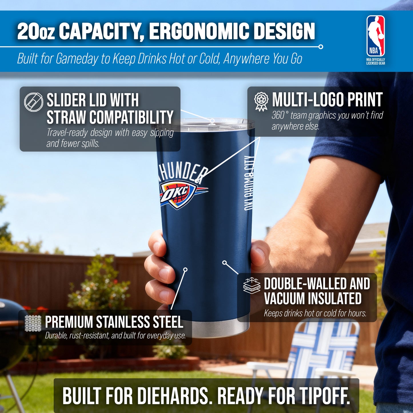 Oklahoma City Thunder NBA Basketball 20oz Stainless Steel Vacuum Insulated Game Day Tumbler with Silicone Grip - Navy