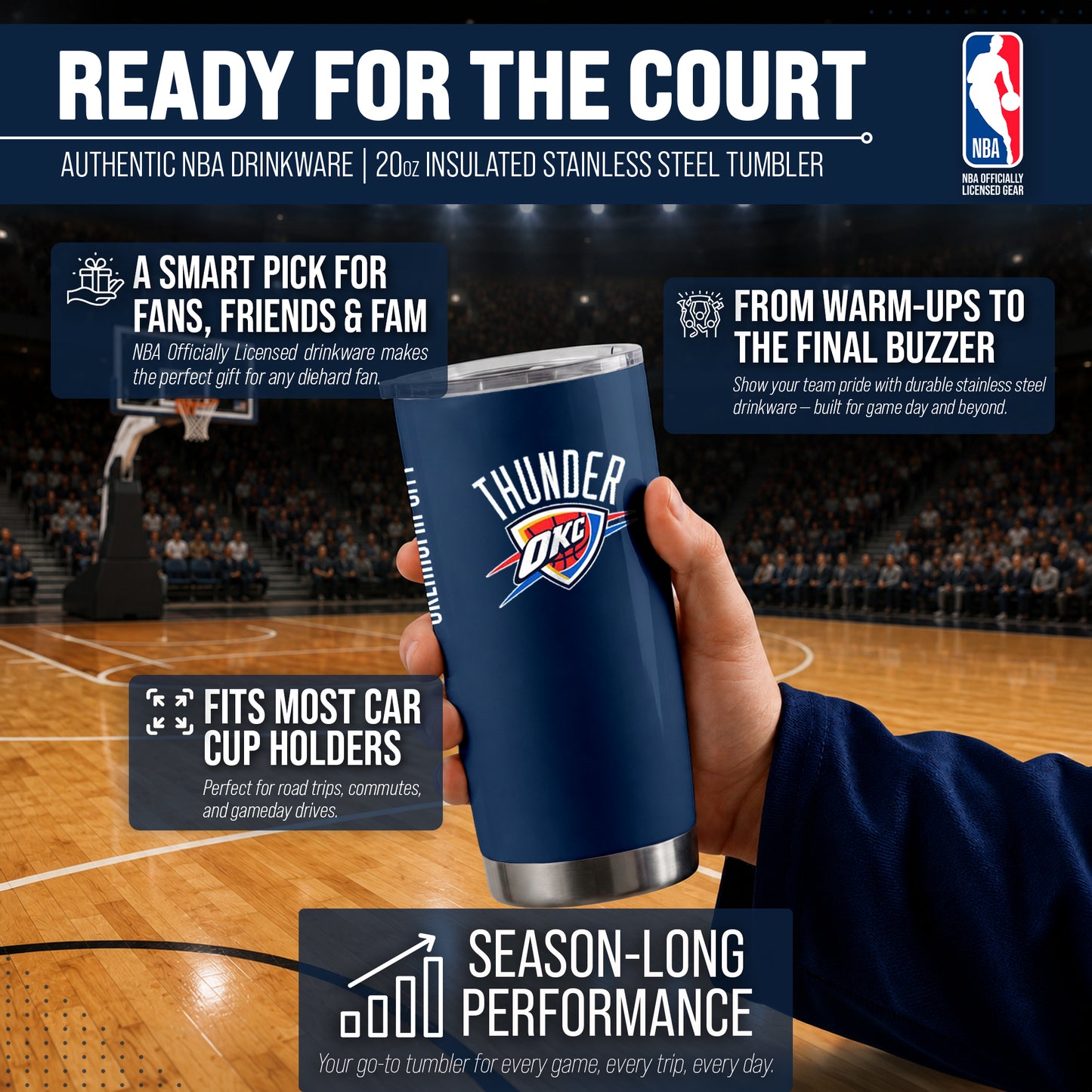 Oklahoma City Thunder NBA Basketball 20oz Stainless Steel Vacuum Insulated Game Day Tumbler with Silicone Grip - Navy