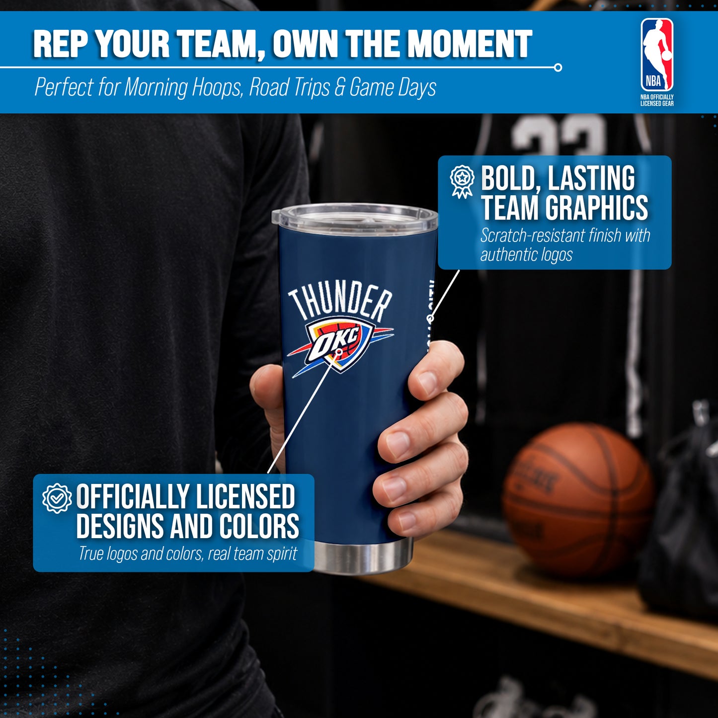 Oklahoma City Thunder NBA Basketball 20oz Stainless Steel Vacuum Insulated Game Day Tumbler with Silicone Grip - Navy