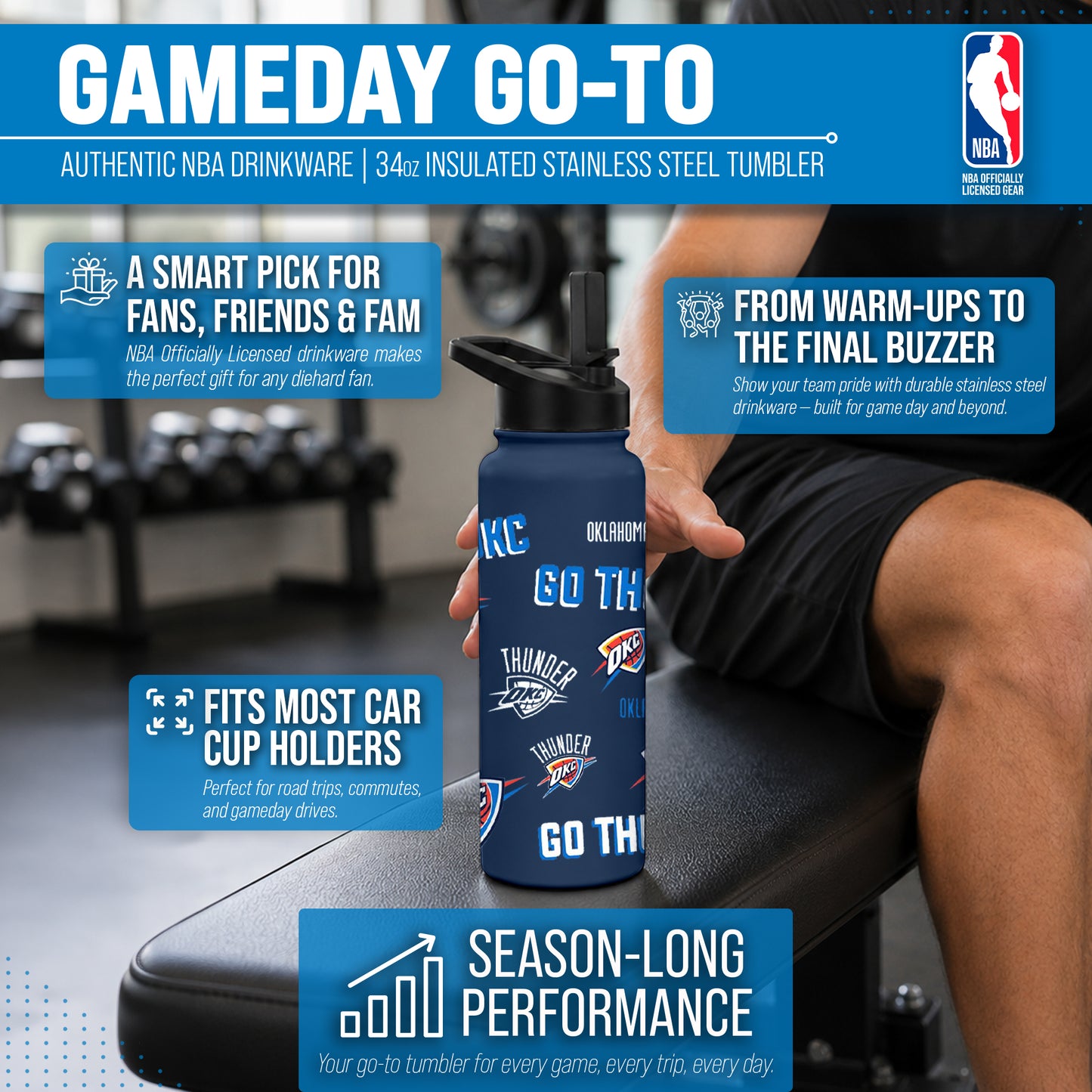 Oklahoma City Thunder NBA Basketball 34oz Stainless Steel Vacuum Insulated Game Day Water Bottle with Flip Straw Lid and Handle - Navy