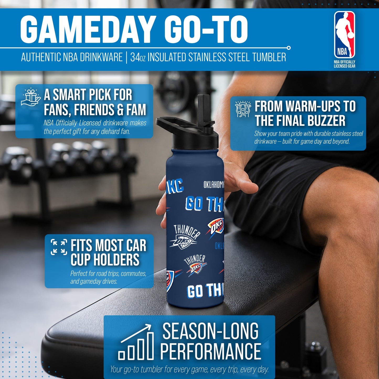 Oklahoma City Thunder NBA Basketball 34oz Stainless Steel Vacuum Insulated Game Day Water Bottle with Flip Straw Lid and Handle - Navy