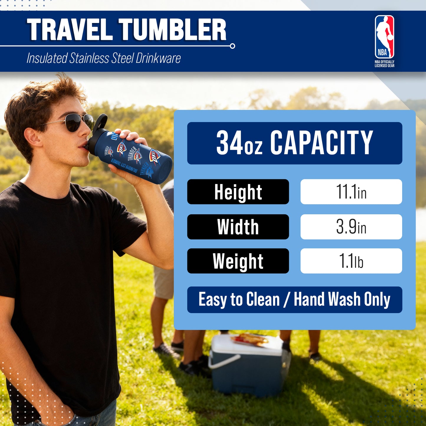 Oklahoma City Thunder NBA Basketball 34oz Stainless Steel Vacuum Insulated Game Day Water Bottle with Flip Straw Lid and Handle - Navy