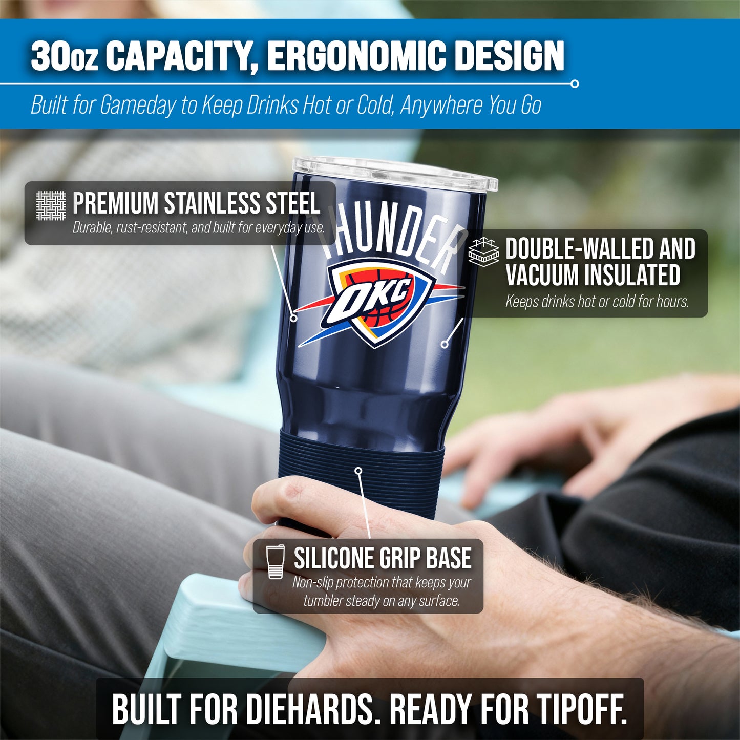 Oklahoma City Thunder NBA Basketball 30oz Stainless Steel Vacuum Insulated Game Day Tumbler with Silicone Grip - Navy