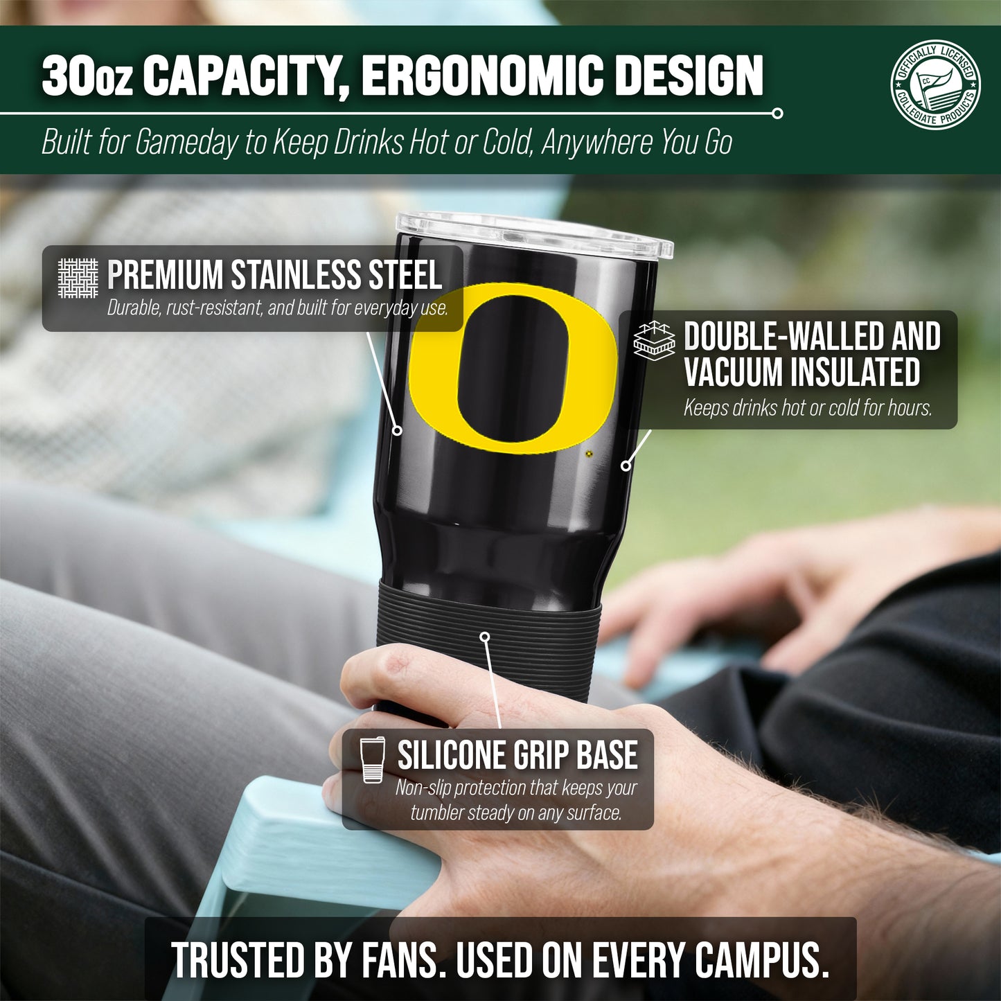 Oregon Ducks NCAA University 30oz Stainless Steel Vacuum Insulated Game Day Tumbler with Silicone Grip - Black