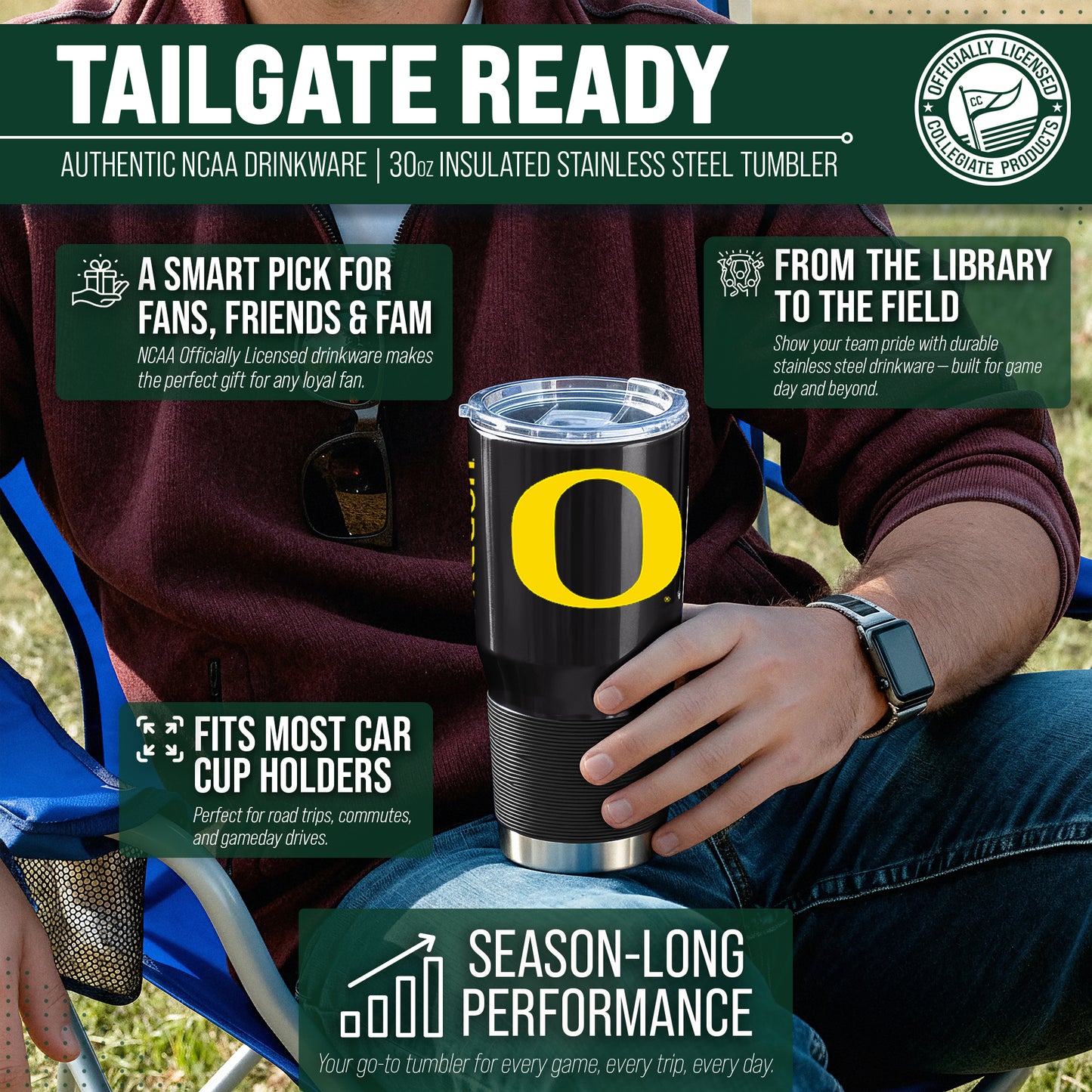 Oregon Ducks NCAA University 30oz Stainless Steel Vacuum Insulated Game Day Tumbler with Silicone Grip - Black