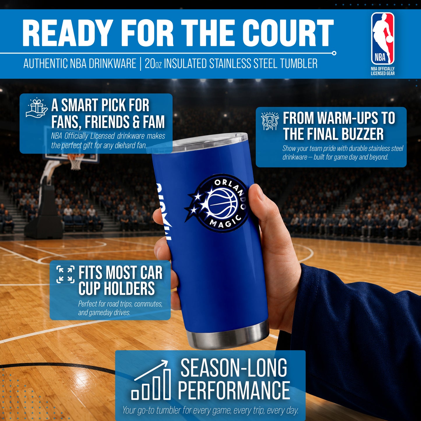 Orlando Magic NBA Basketball 20oz Stainless Steel Vacuum Insulated Game Day Tumbler with Silicone Grip - Royal