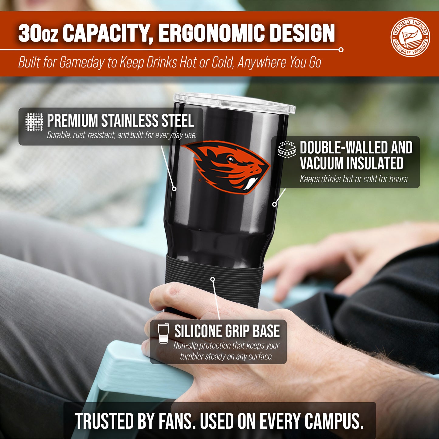 Oregon State Beavers NCAA University 30oz Stainless Steel Vacuum Insulated Game Day Tumbler with Silicone Grip - Black