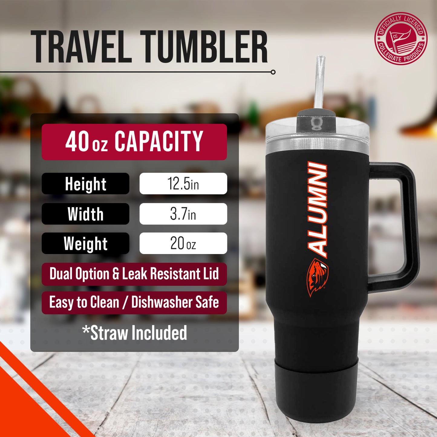 Oregon State Beavers Collegiate 40oz Stainless Steel Travel Tumbler with Handle for Alumni - Black
