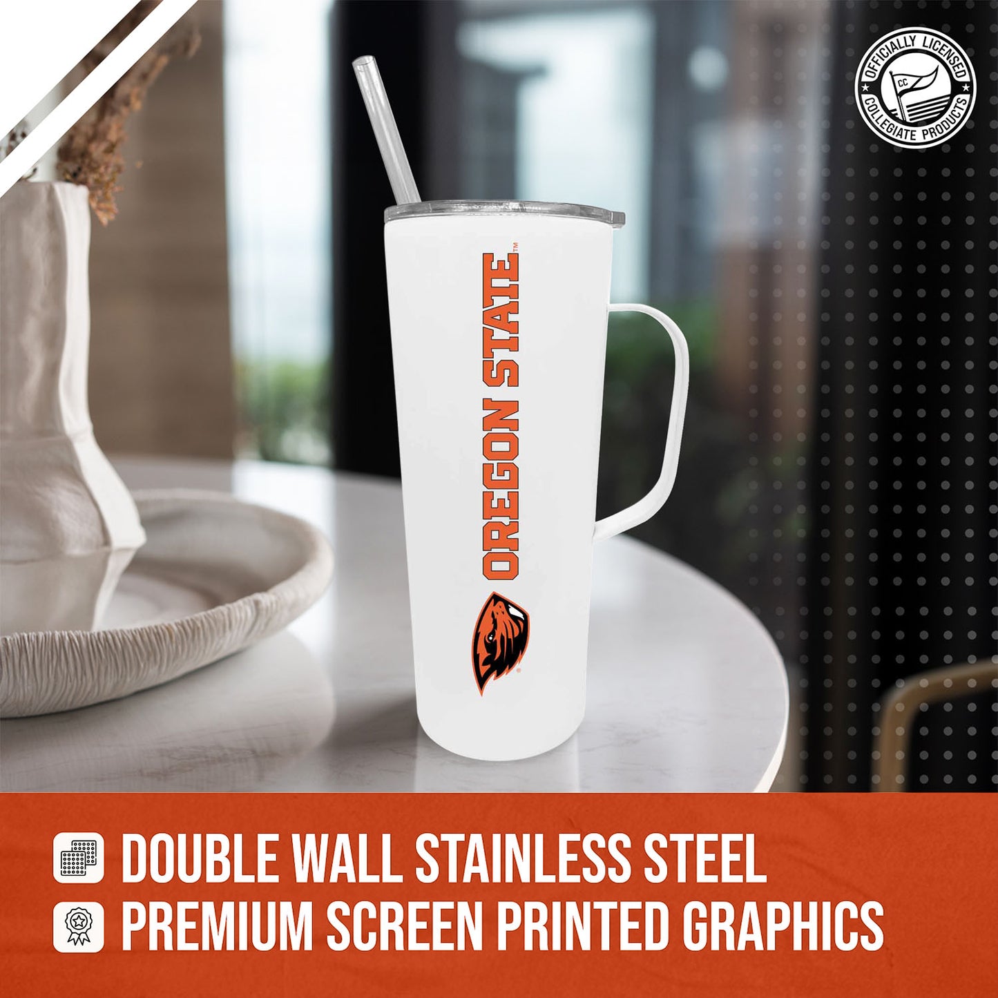 Oregon State Beavers NCAA Stainless Steel 20oz Roadie With Handle & Dual Option Lid With Straw - White