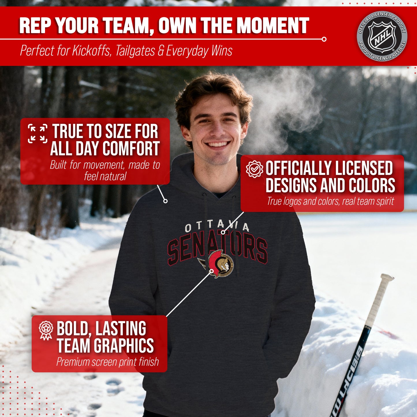 Ottawa Senators NHL Adult Unisex Powerplay Hooded Sweatshirt - Black Heather