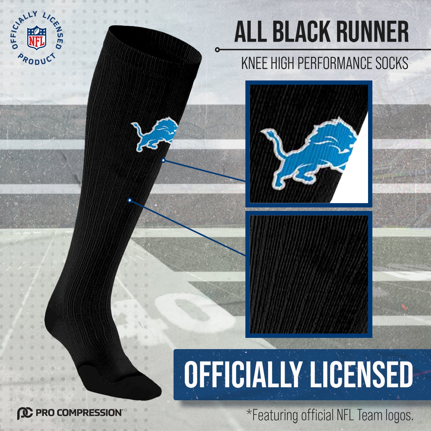 Detroit Lions NFL Adult Knee High-Performance Socks - Black
