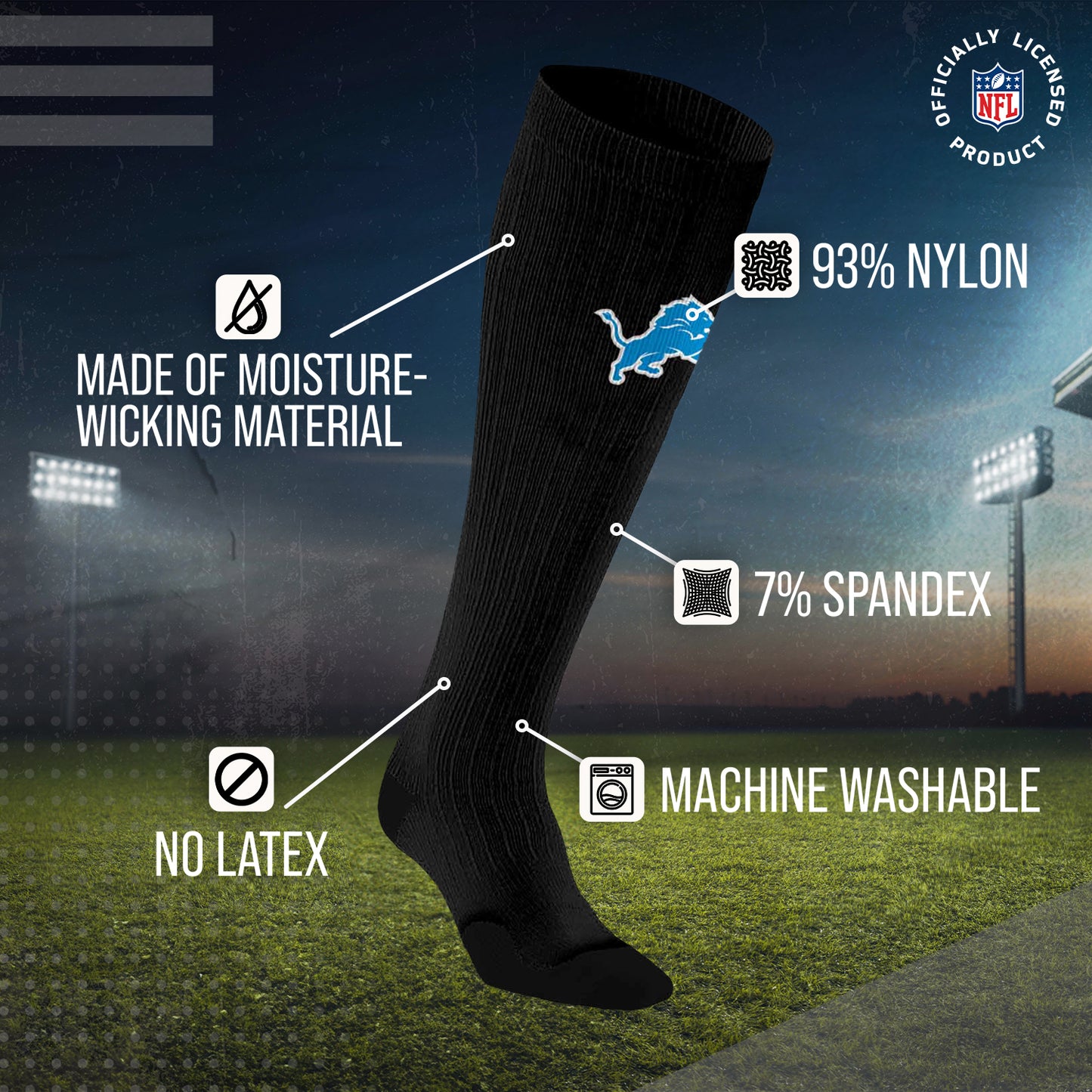 Detroit Lions NFL Adult Knee High-Performance Socks - Black