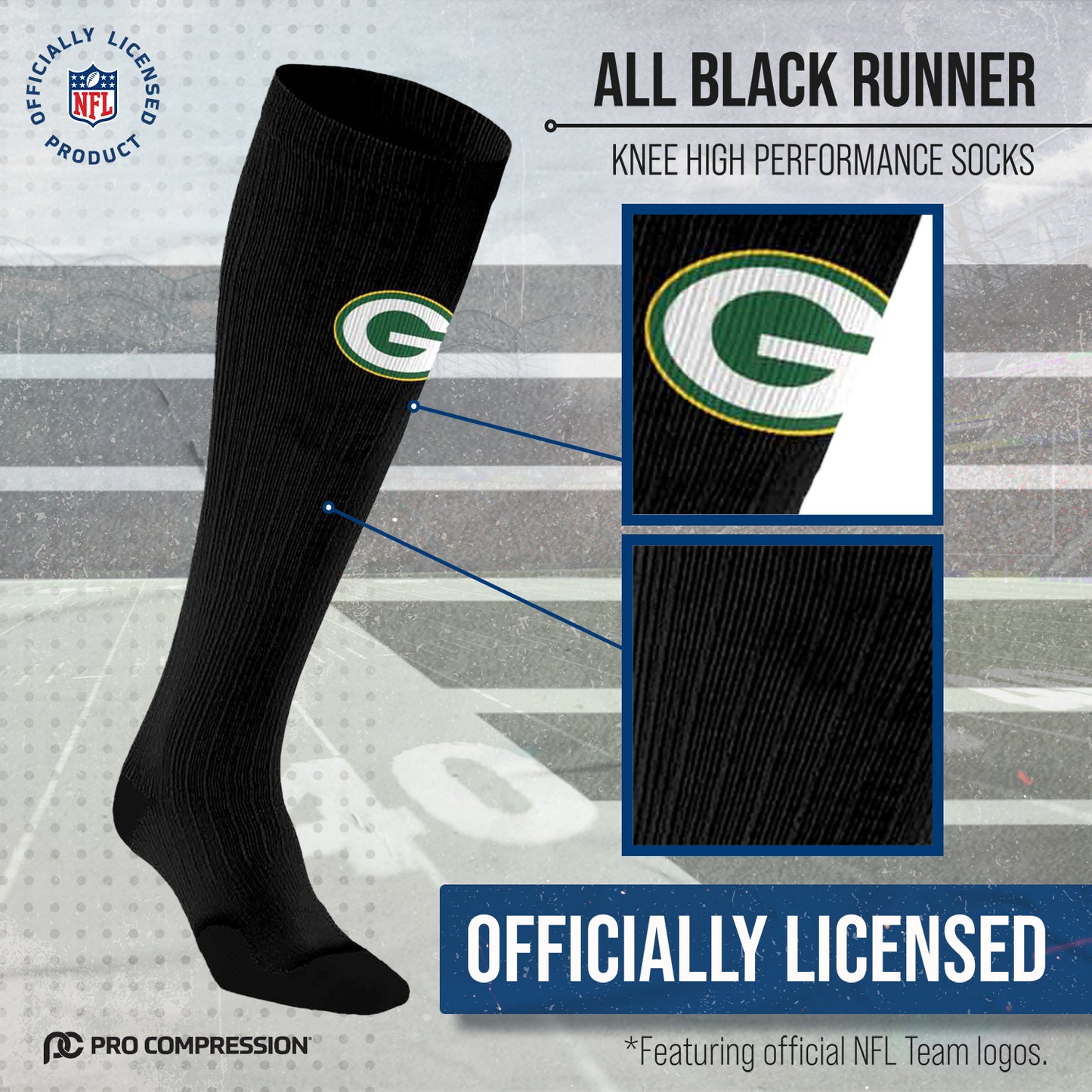 Green Bay Packers NFL Adult Knee High-Performance Socks - Black