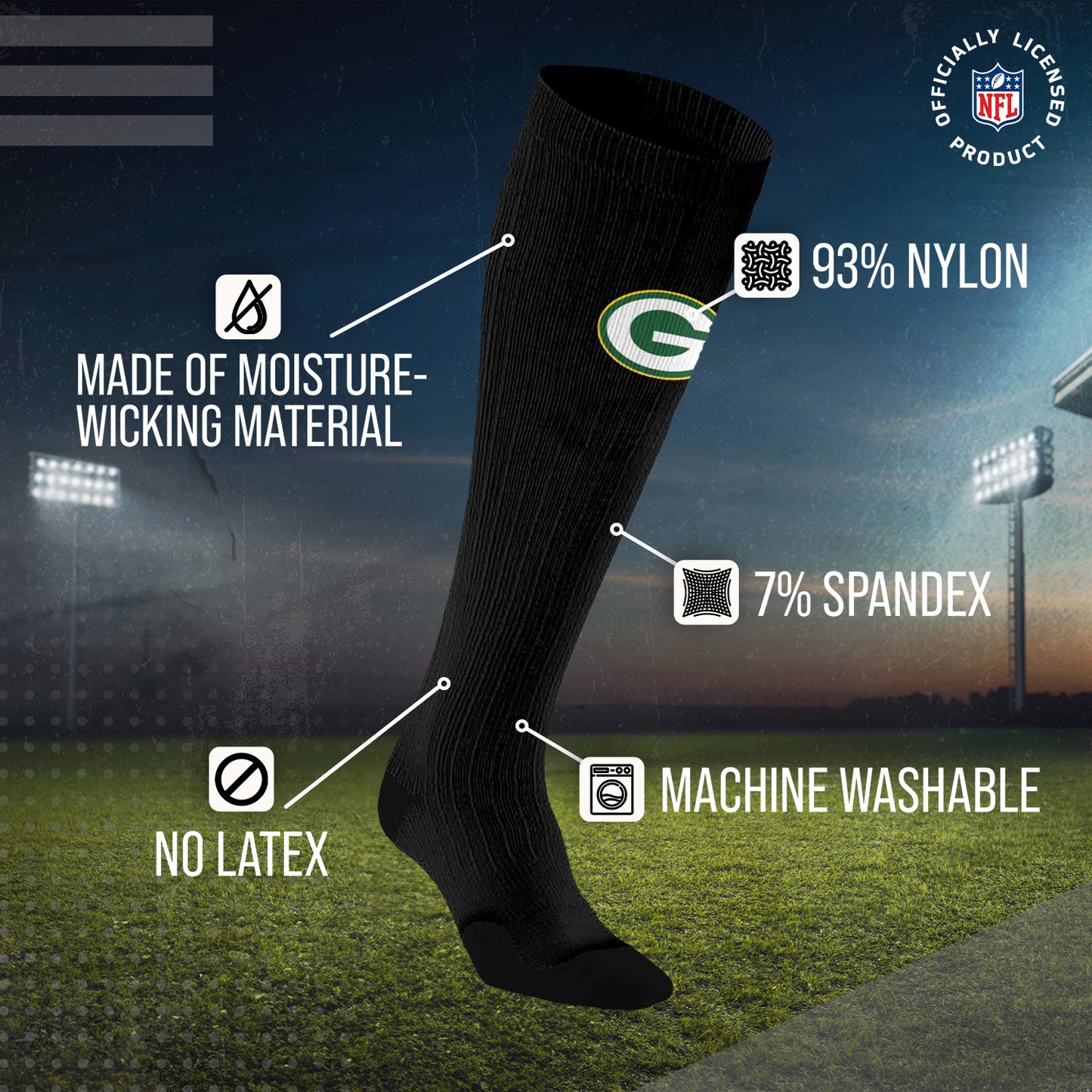 Green Bay Packers NFL Adult Knee High-Performance Socks - Black