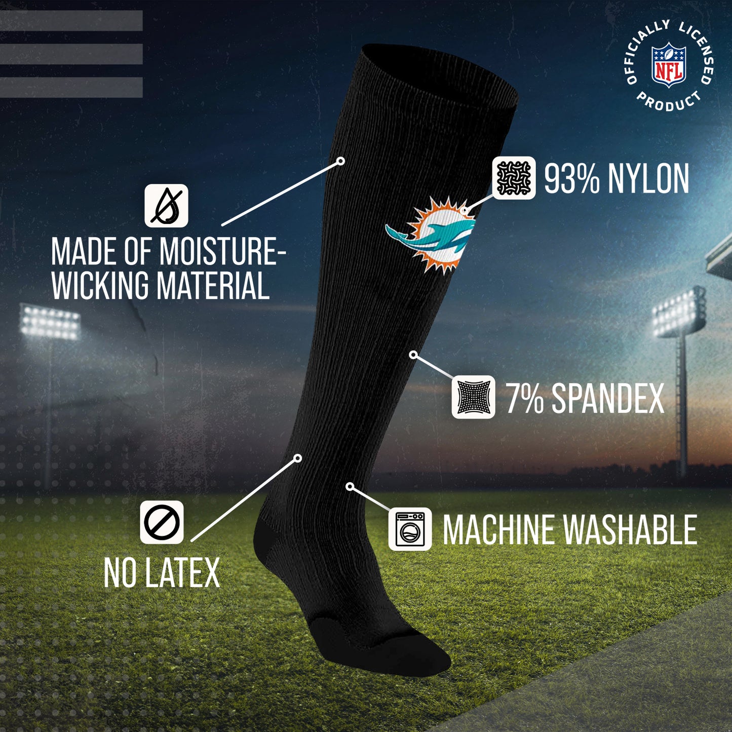 Miami Dolphins NFL Adult Knee High-Performance Socks - Black