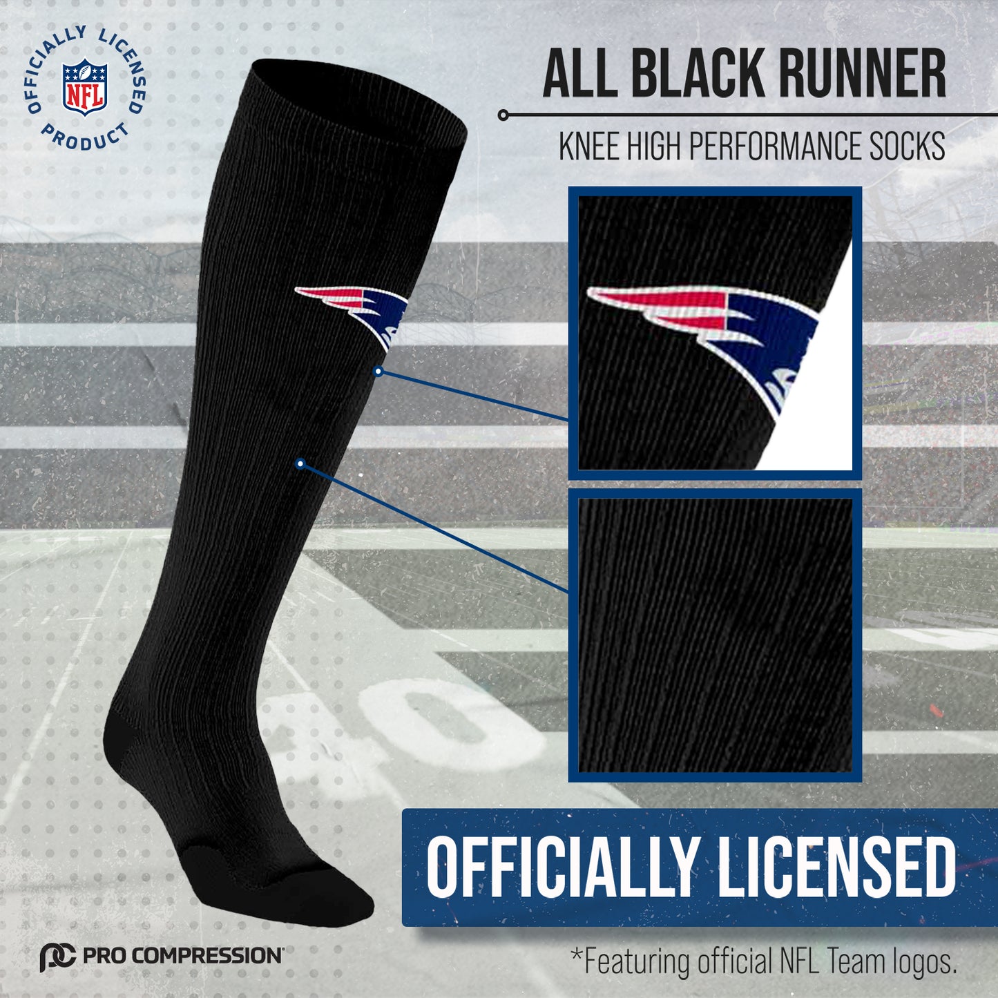 New England Patriots NFL Adult Knee High-Performance Socks - Black
