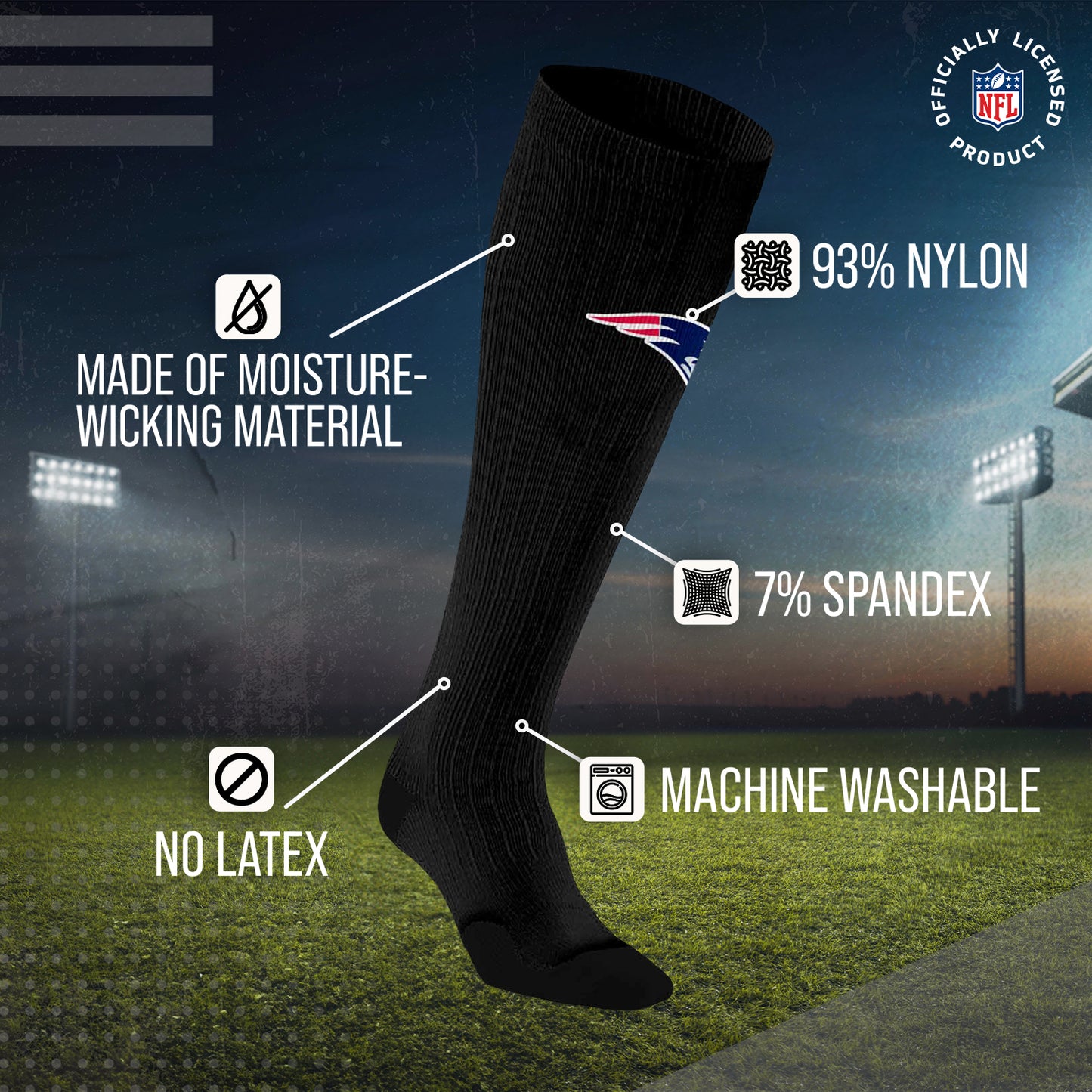 New England Patriots NFL Adult Knee High-Performance Socks - Black