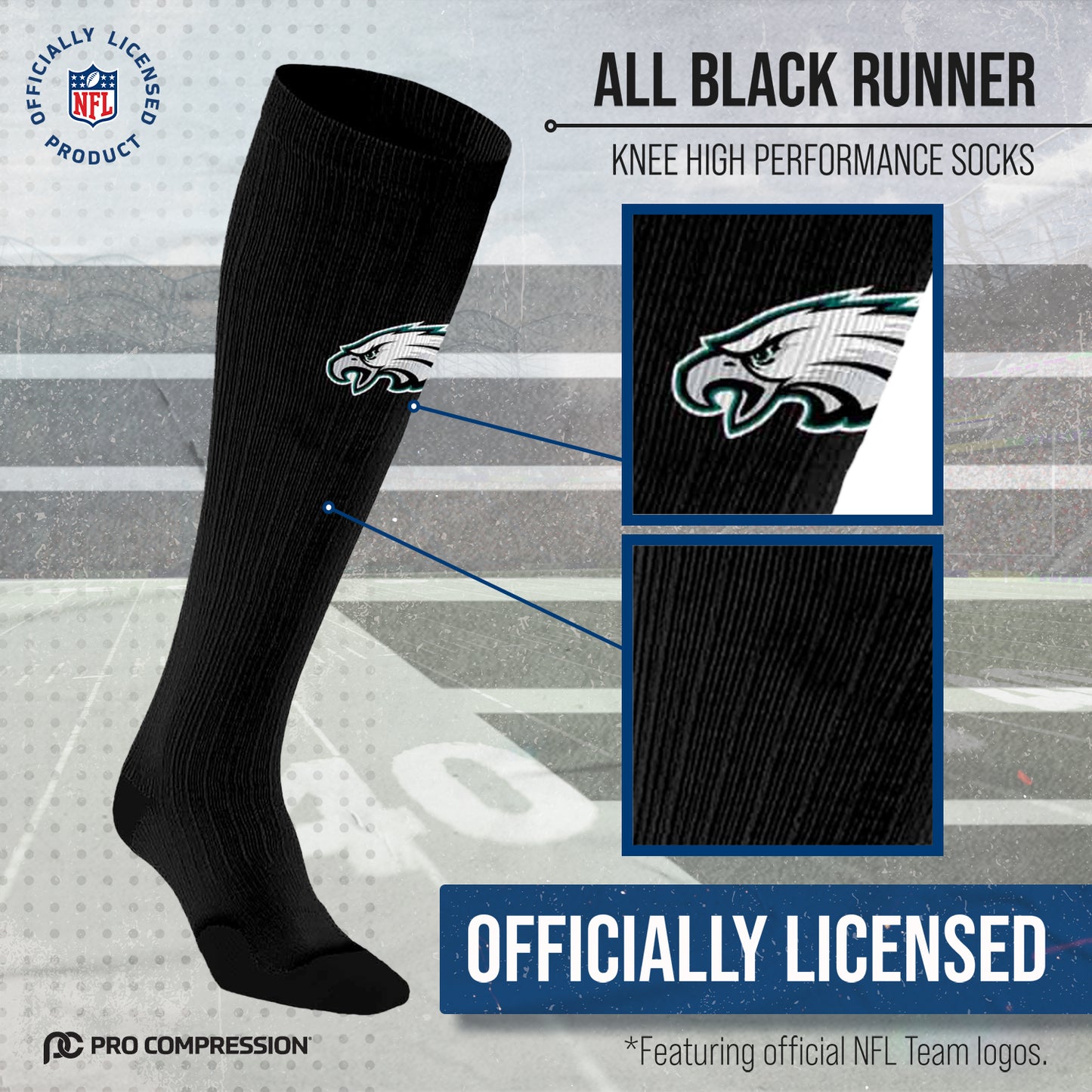Philadelphia Eagles NFL Adult Knee High-Performance Socks - Black