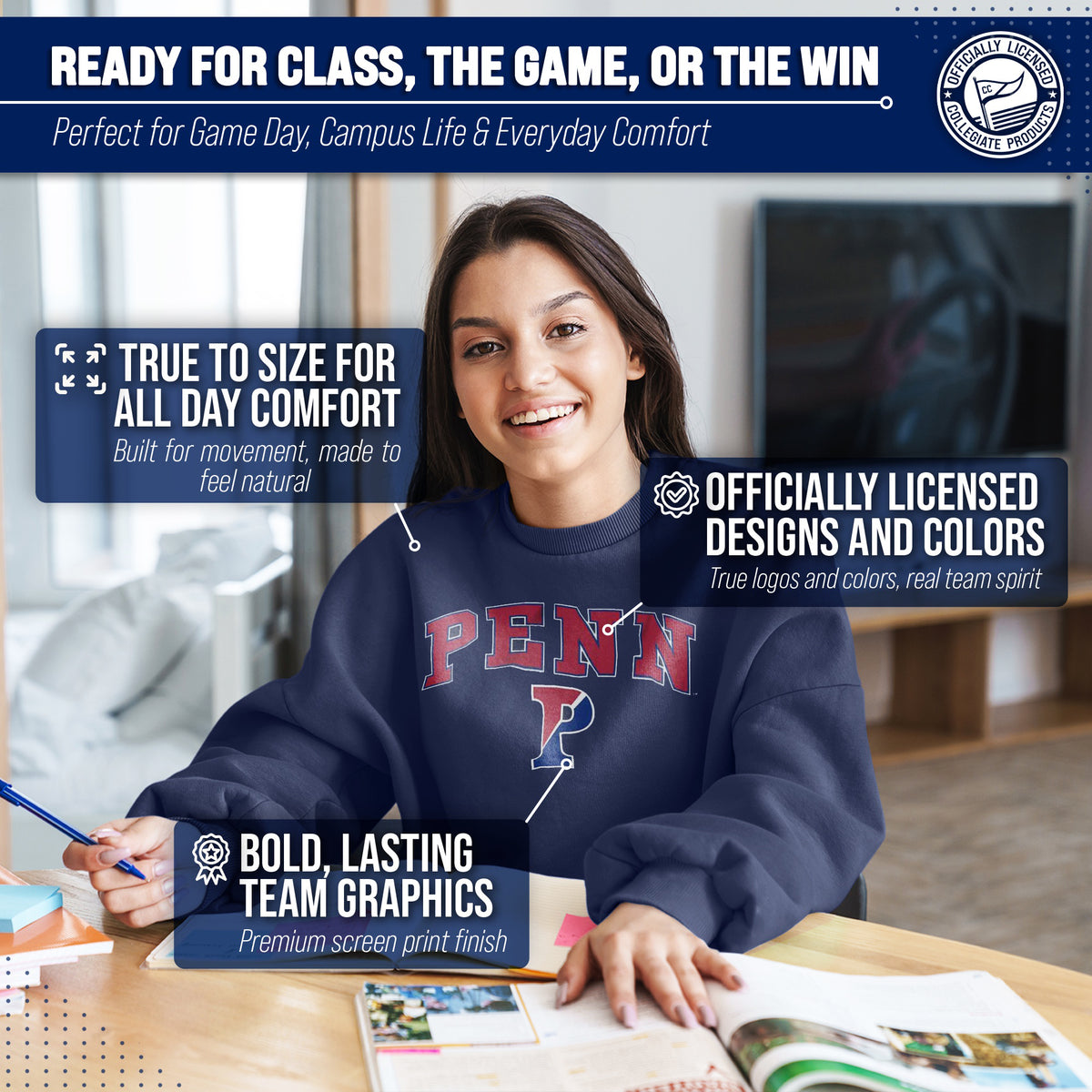 Penn Quakers Adult Arch & Logo Soft Style Gameday Crewneck Sweatshirt - Navy