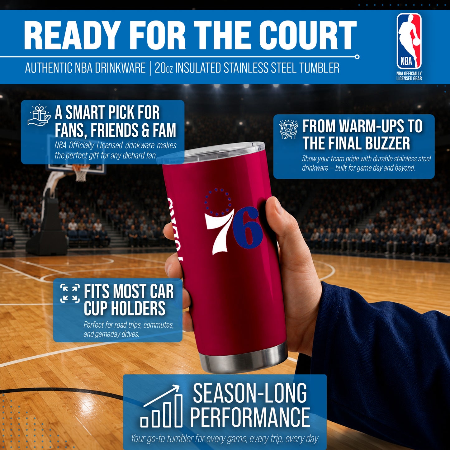 Philadelphia 76ers NBA Basketball 20oz Stainless Steel Vacuum Insulated Game Day Tumbler with Silicone Grip - Red