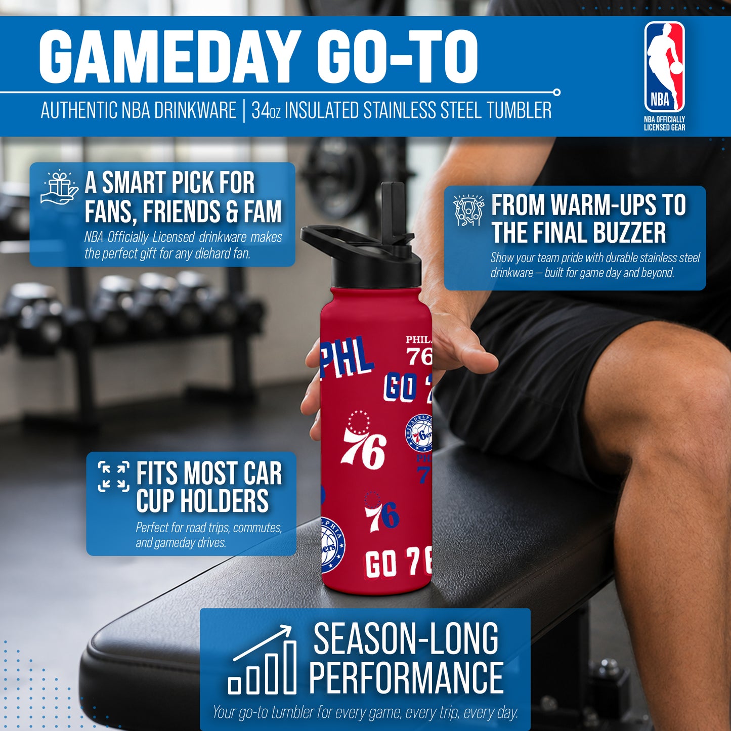 Philadelphia 76ers NBA Basketball 34oz Stainless Steel Vacuum Insulated Game Day Water Bottle with Flip Straw Lid and Handle - Red
