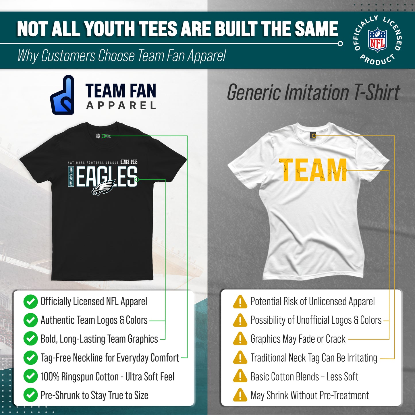 Philadelphia Eagles NFL Youth Modern Endzone Football T-Shirt Unisex Tag Free Comfortable - Black
