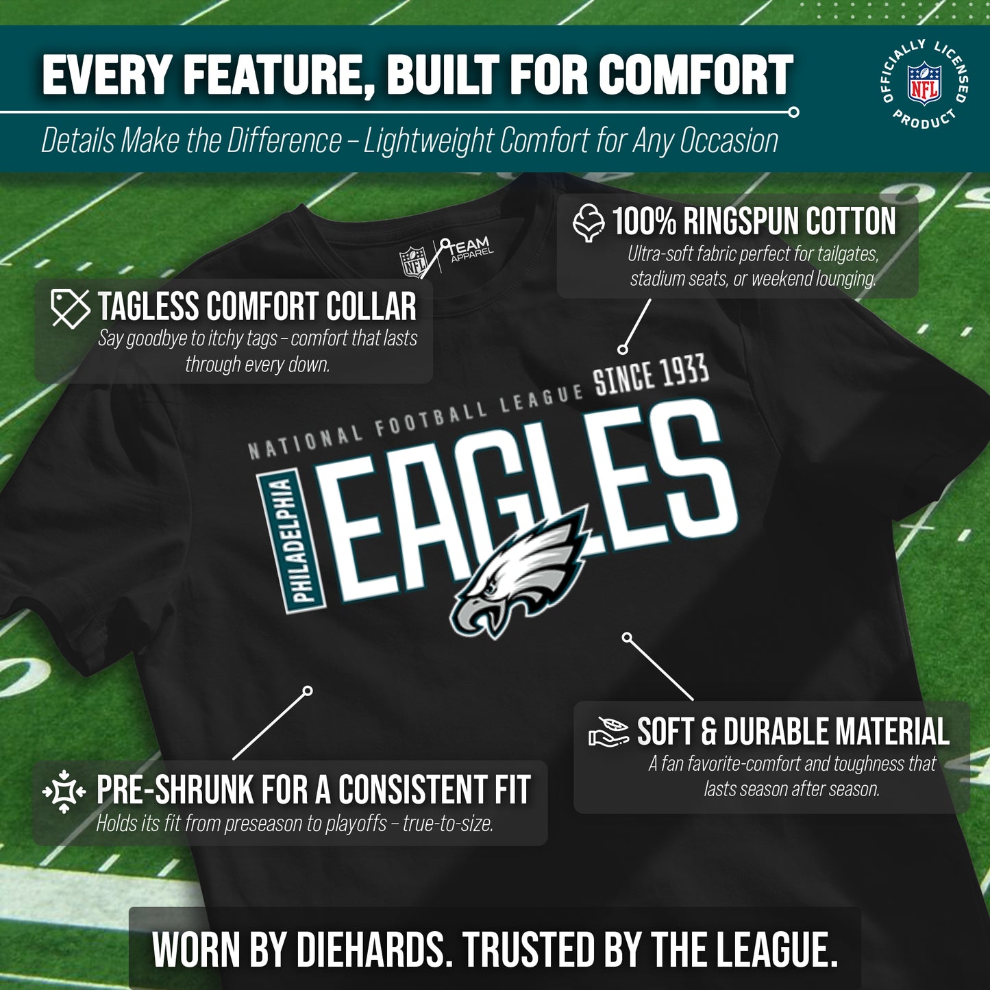 Philadelphia Eagles NFL Youth Modern Endzone Football T-Shirt Unisex Tag Free Comfortable - Black