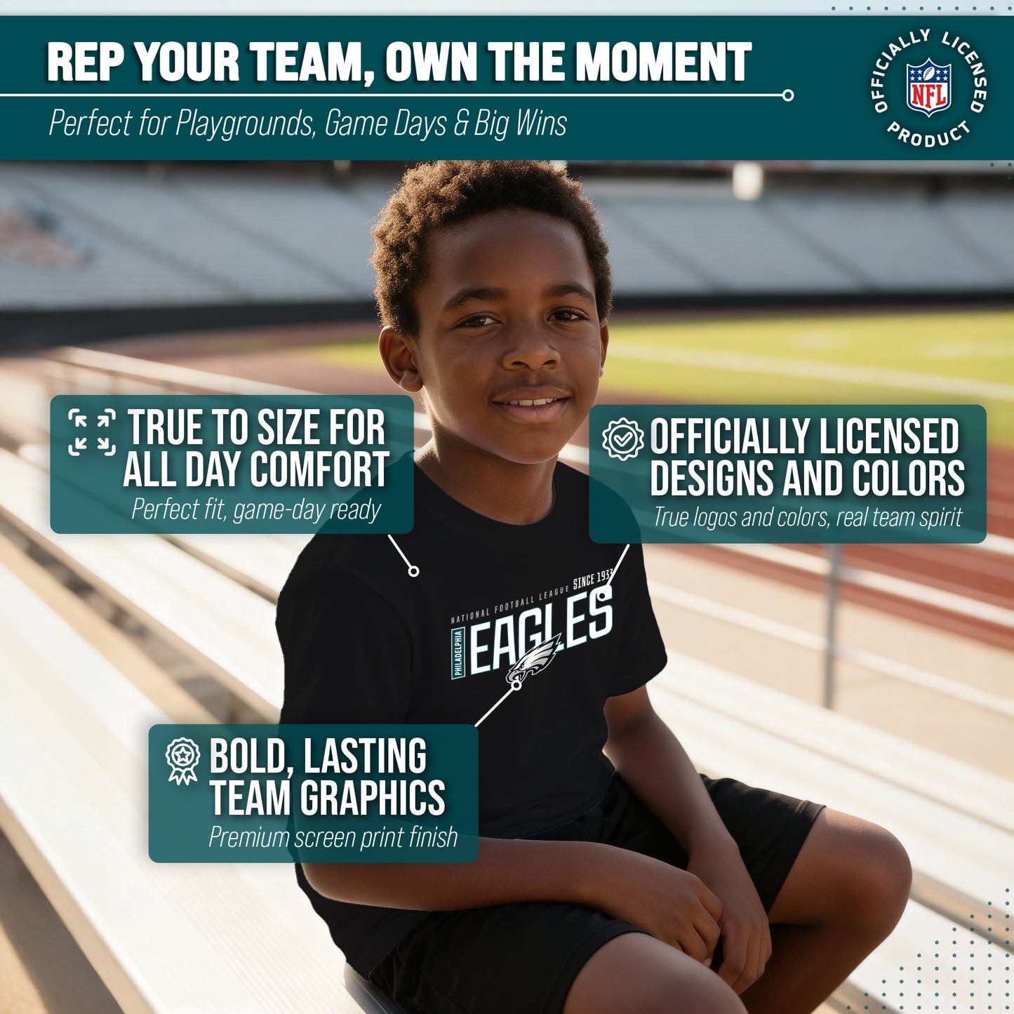 Philadelphia Eagles NFL Youth Modern Endzone Football T-Shirt Unisex Tag Free Comfortable - Black
