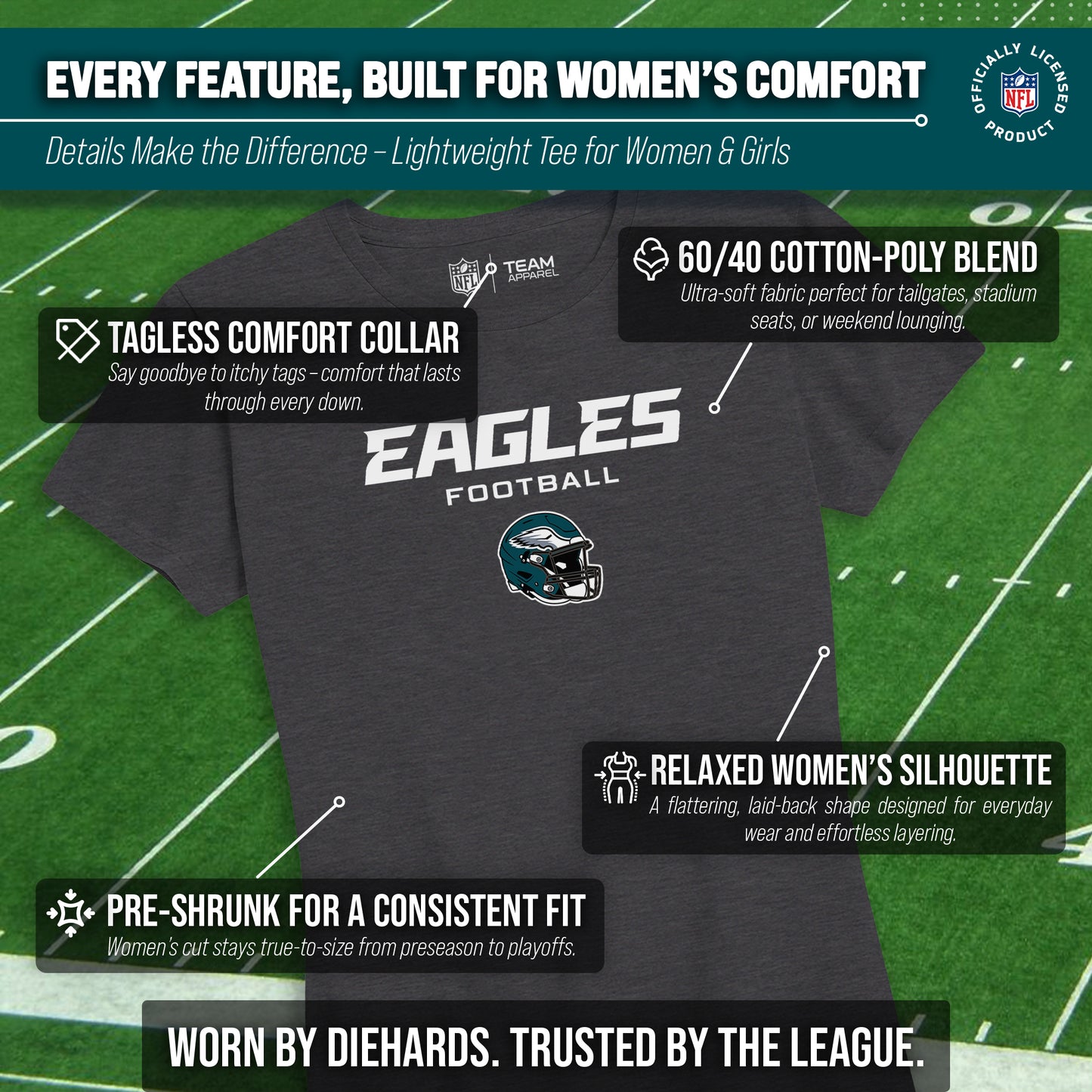 Philadelphia Eagles Women's NFL Football Helmet Short Sleeve Tagless T-Shirt - Charcoal