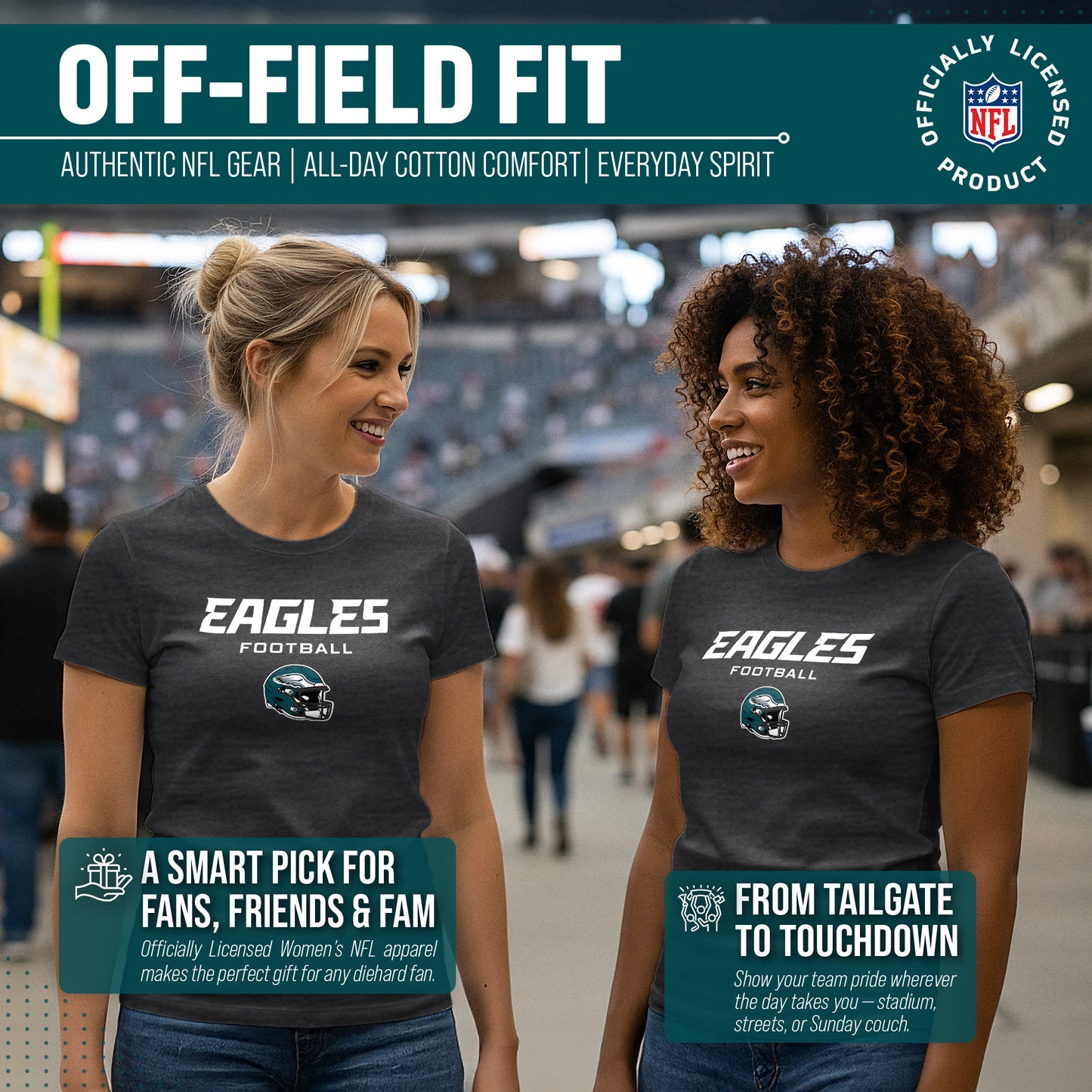 Philadelphia Eagles Women's NFL Football Helmet Short Sleeve Tagless T-Shirt - Charcoal