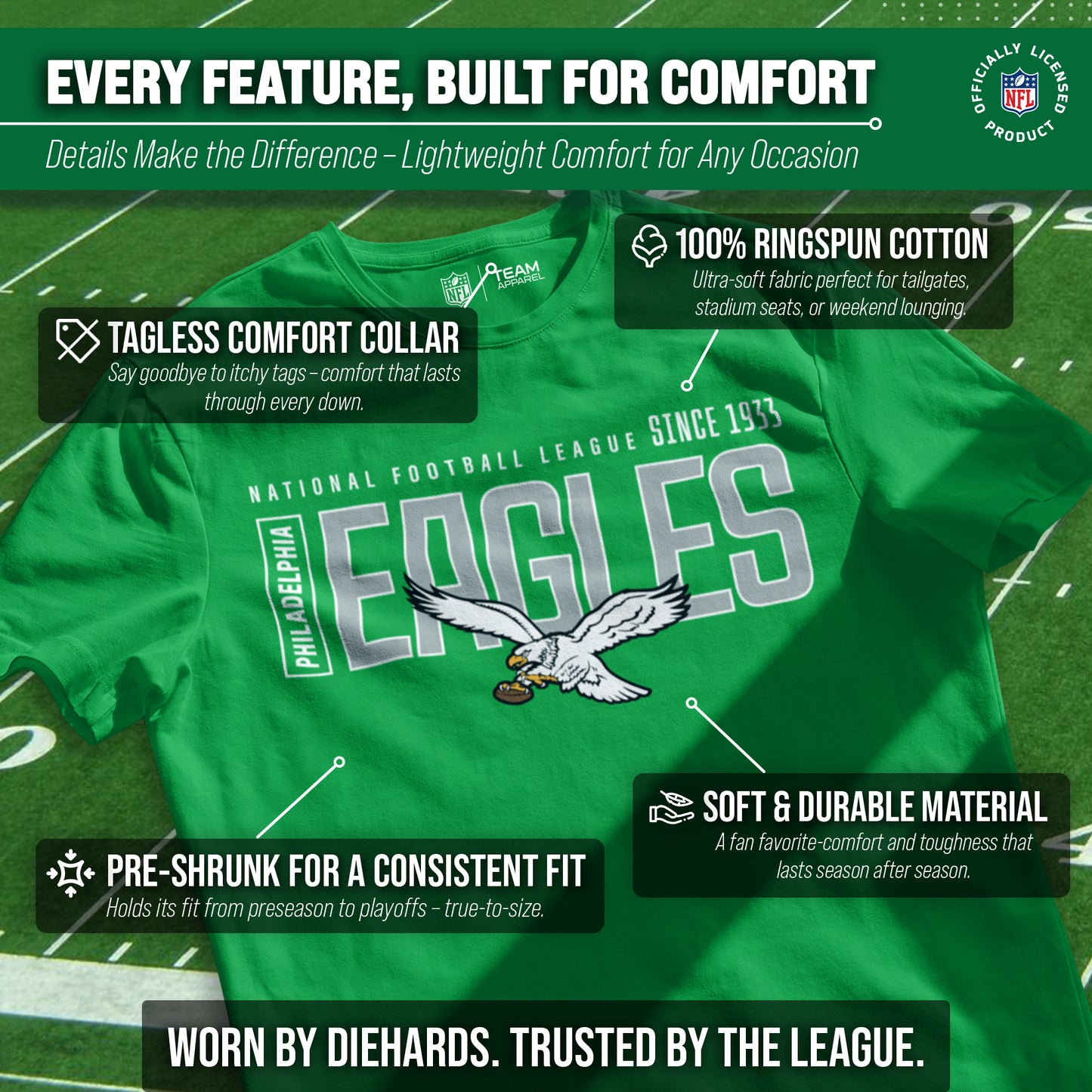 Philadelphia Eagles NFL Youth Modern Endzone Football T-Shirt Unisex Tag Free Comfortable - Kelly Green