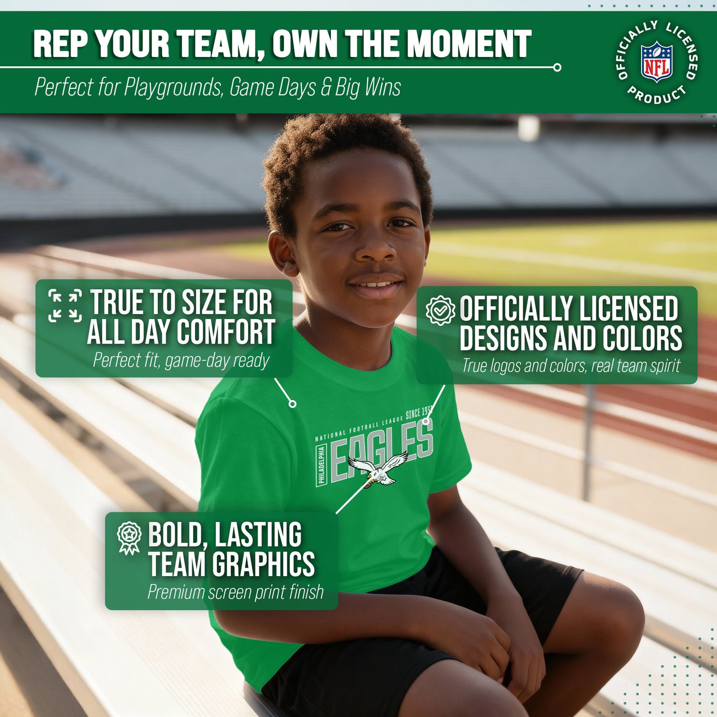 Philadelphia Eagles NFL Youth Modern Endzone Football T-Shirt Unisex Tag Free Comfortable - Kelly Green