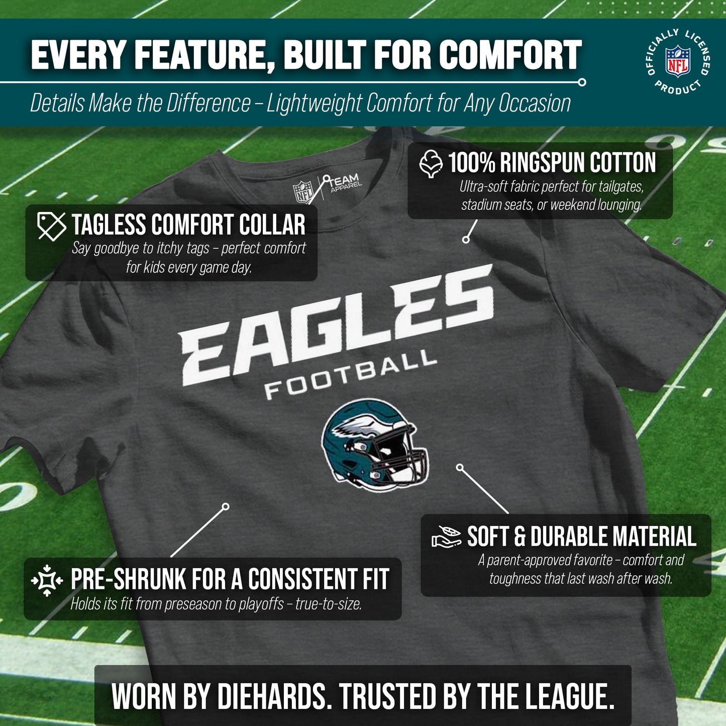 Philadelphia Eagles NFL Youth Football Helmet Tagless T-Shirt - Charcoal